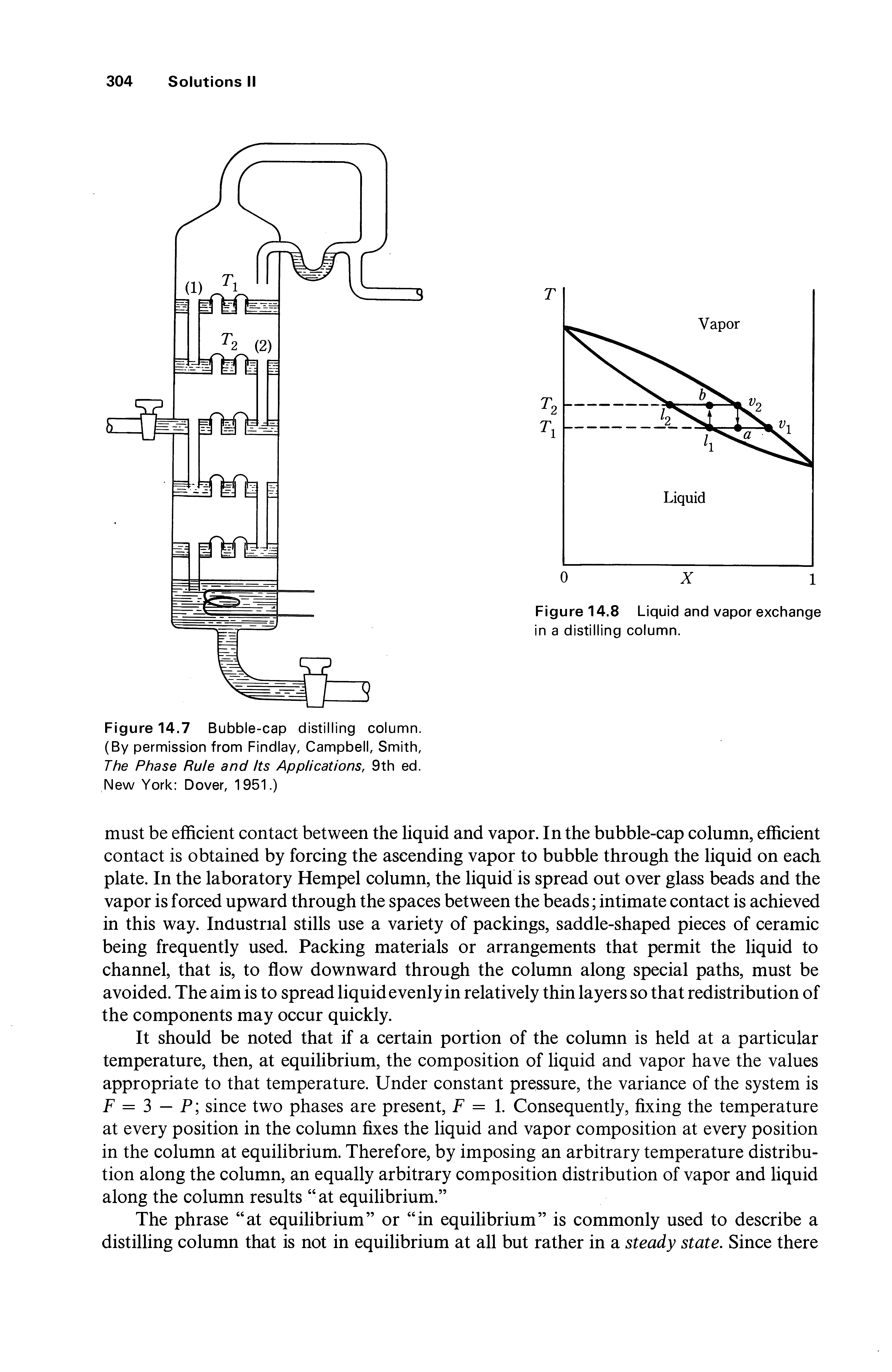 Figure 14.7 Bubble-cap distilling column. (By permission from Findlay, Campbell, Smith, The Phase Rule and Its Applications, 9th ed. New York Dover, 1951.)...