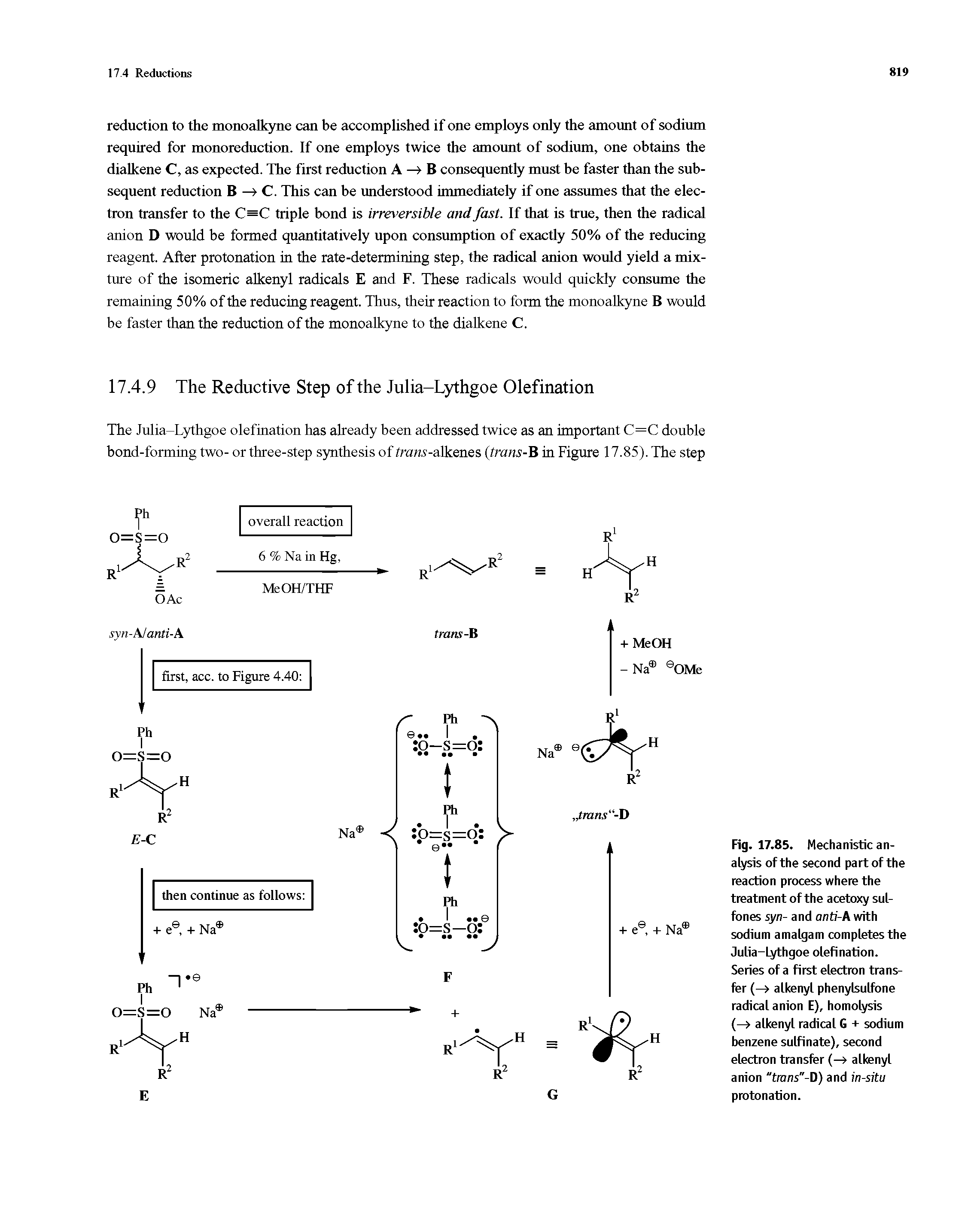 Fig. 17.85. Mechanistic analysis of the second part of the reaction process where the treatment of the acetoxy sul-fones syn- and anti-A with sodium amalgam completes the Julia-Lythgoe olefination. Series of a first electron transfer (—> alkenyl phenylsulfone radical anion E), homolysis (—> alkenyl radical G + sodium benzene sulfinate), second electron transfer (—> alkenyl anion trans"-D) and in-situ protonation.