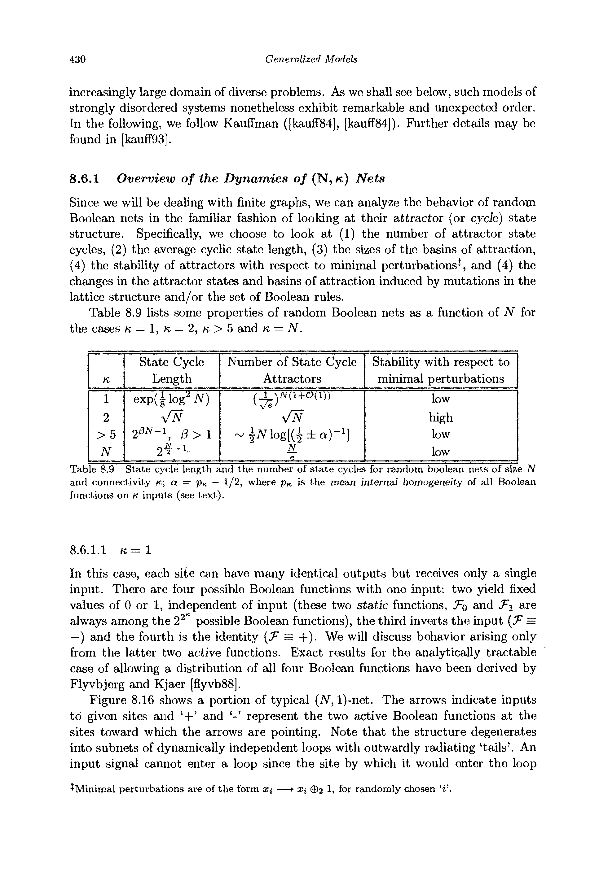 Table 8.9 State cycle length and the number of state cycles for random boolean nets of size N and connectivity k a = pn — 1/2, where Pk is the mean internal homogeneity of all Boolean functions on K inputs (see text).