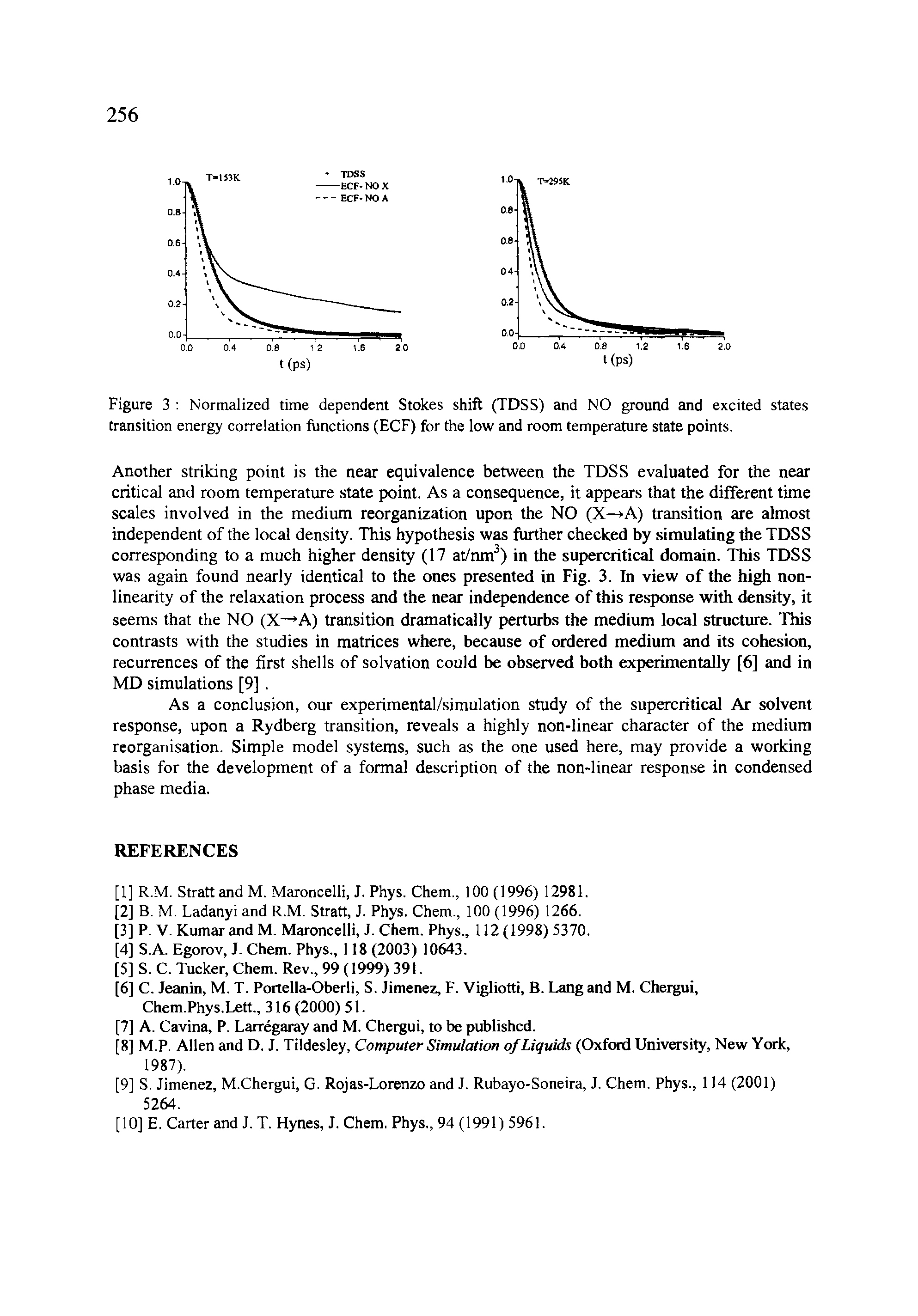 Figure 3 Normalized time dependent Stokes shift (TDSS) and NO ground and excited states transition energy correlation functions (ECF) for the low and room temperature state points.