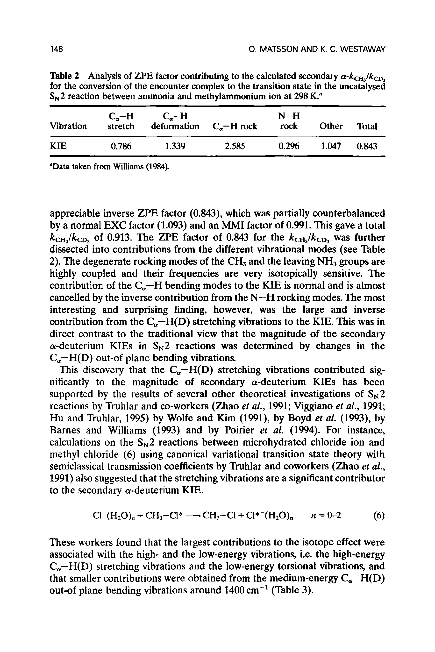 Table 2 Analysis of ZPE factor contributing to the calculated secondary a-kCHllkCD, for the conversion of the encounter complex to the transition state in the uncatalysed Sn2 reaction between ammonia and methylammonium ion at 298 K.°...