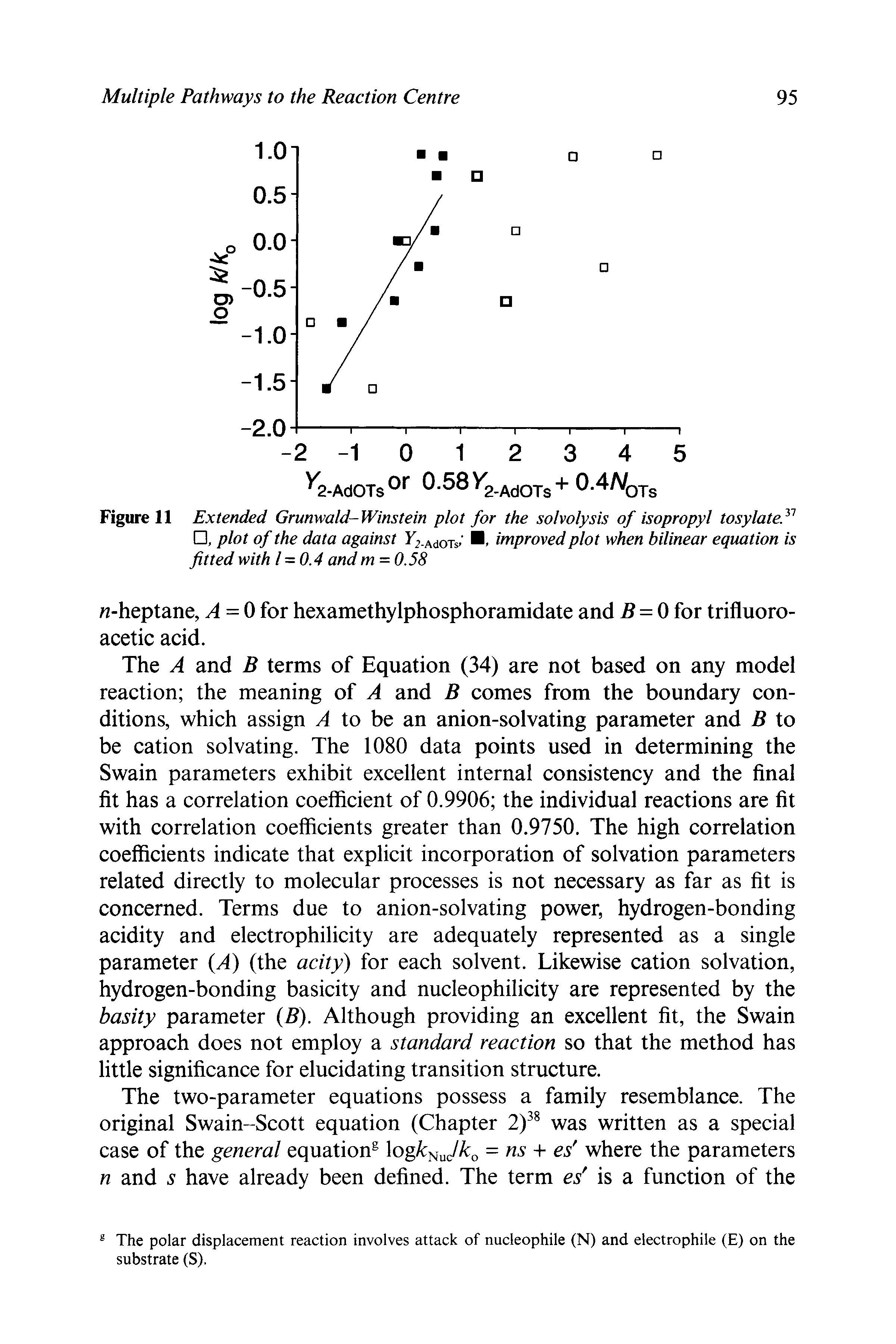 Figure 11 Extended Grunwald-Winstein plot for the solvolysis of isopropyl tosylate , plot of the data against , improved plot when bilinear equation is...