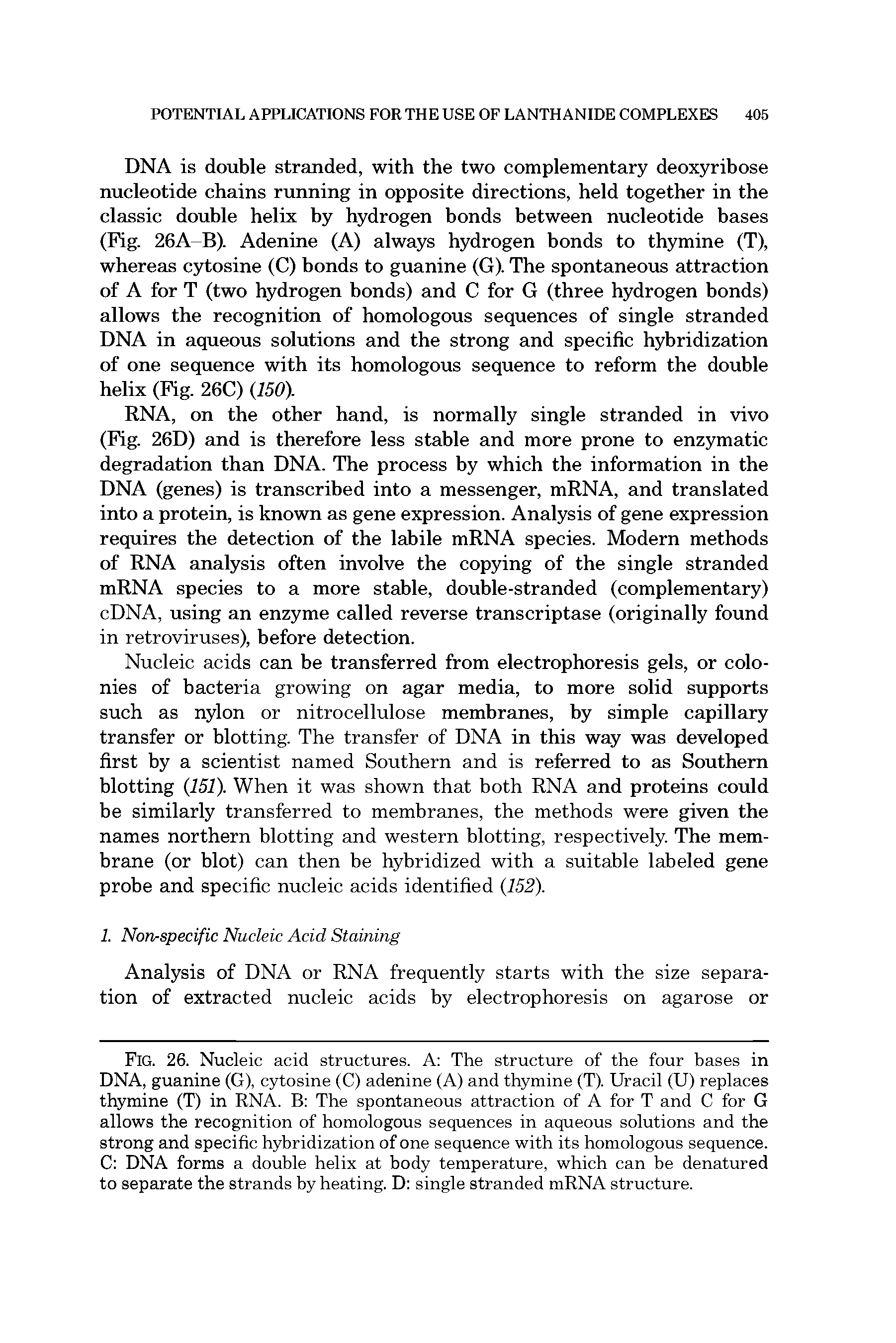 Fig. 26. Nucleic acid structures. A The structure of the four bases in DNA, guanine (G), cytosine (C) adenine (A) and thymine (T). Uracil (U) replaces thymine (T) in RNA. B The spontaneous attraction of A for T and C for G allows the recognition of homologous sequences in aqueous solutions and the strong and specific hybridization of one sequence with its homologous sequence. C DNA forms a double helix at body temperature, which can be denatured to separate the strands by heating. D single stranded mRNA structure.