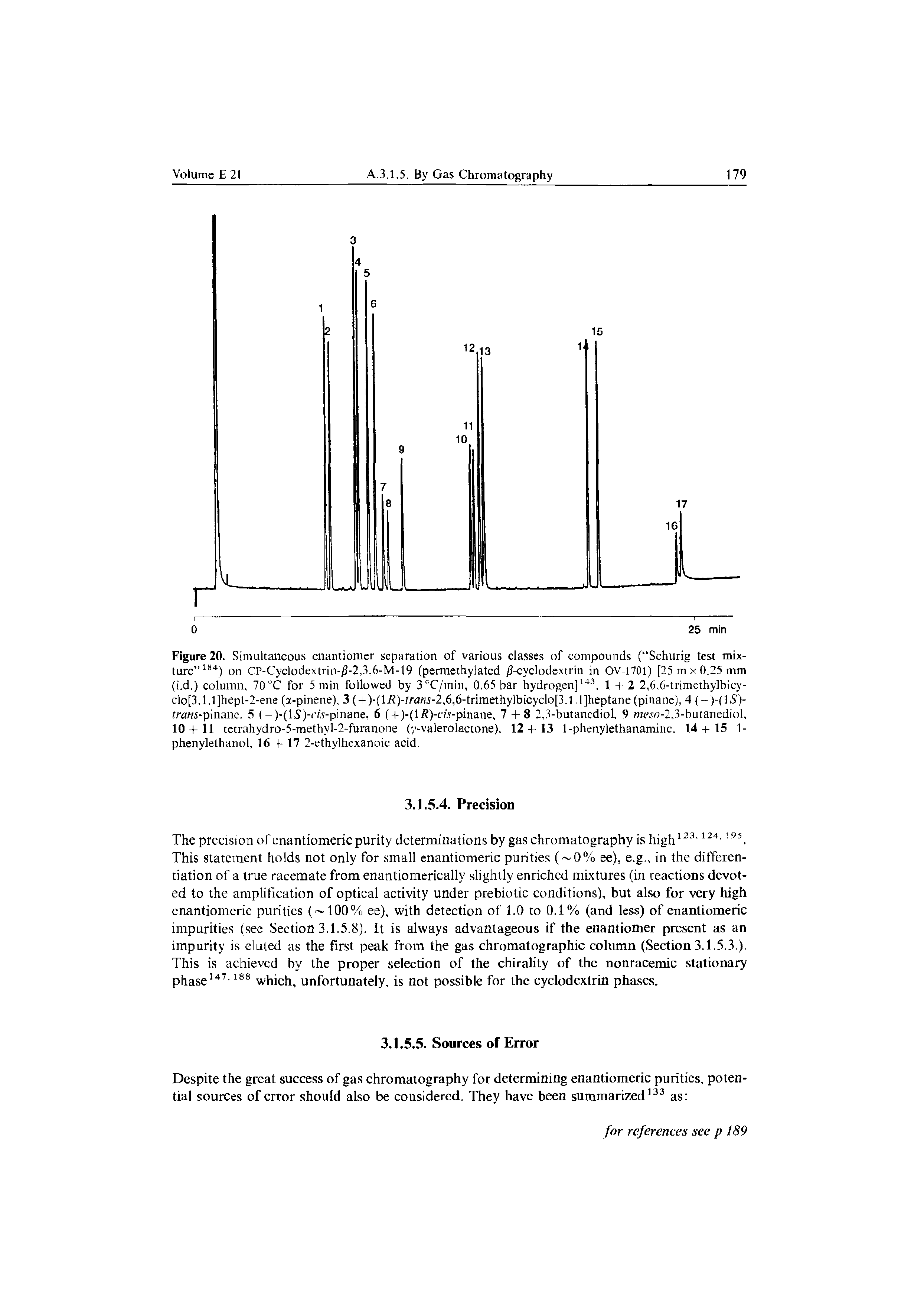 Figure 20. Simultaneous enantiomer separation of various classes of compounds ( Schurig test mixture 184) on CP-Cyclodextrin-/3-2,3,6-M-19 (permethylatcd /3-cyclodextrin in OV-1701) [25 m x 0.25 mm (i.d.) column, 70°C for 5 min followed by 3cC/miu, 0.65 bar hydrogen]143. 1+2 2,6,6-trimethylbicy-clo[3.1.1]hept-2-ene (x-pinene), 3 ( + )-(lJR)-//ms-2,6,6-trimethylbicyclo[3.1. l]heptane (pinane), 4 (-)-(lS )-fra/M-pinanc. 5 (-)-(lS)-fw-pinane, 6 ( + )-(l/J)-cw-pinane, 7 + 8 2,3-butancdiol. 9 meso-2,3-butanediol, 10 + 11 tetrahydro-5-methyl-2-furanone (y-valerolactone). 12 + 13 1-phenylethanaminc. 14 + 15 1-phenylethanol, 16 + 17 2-ethylhexanoic acid.