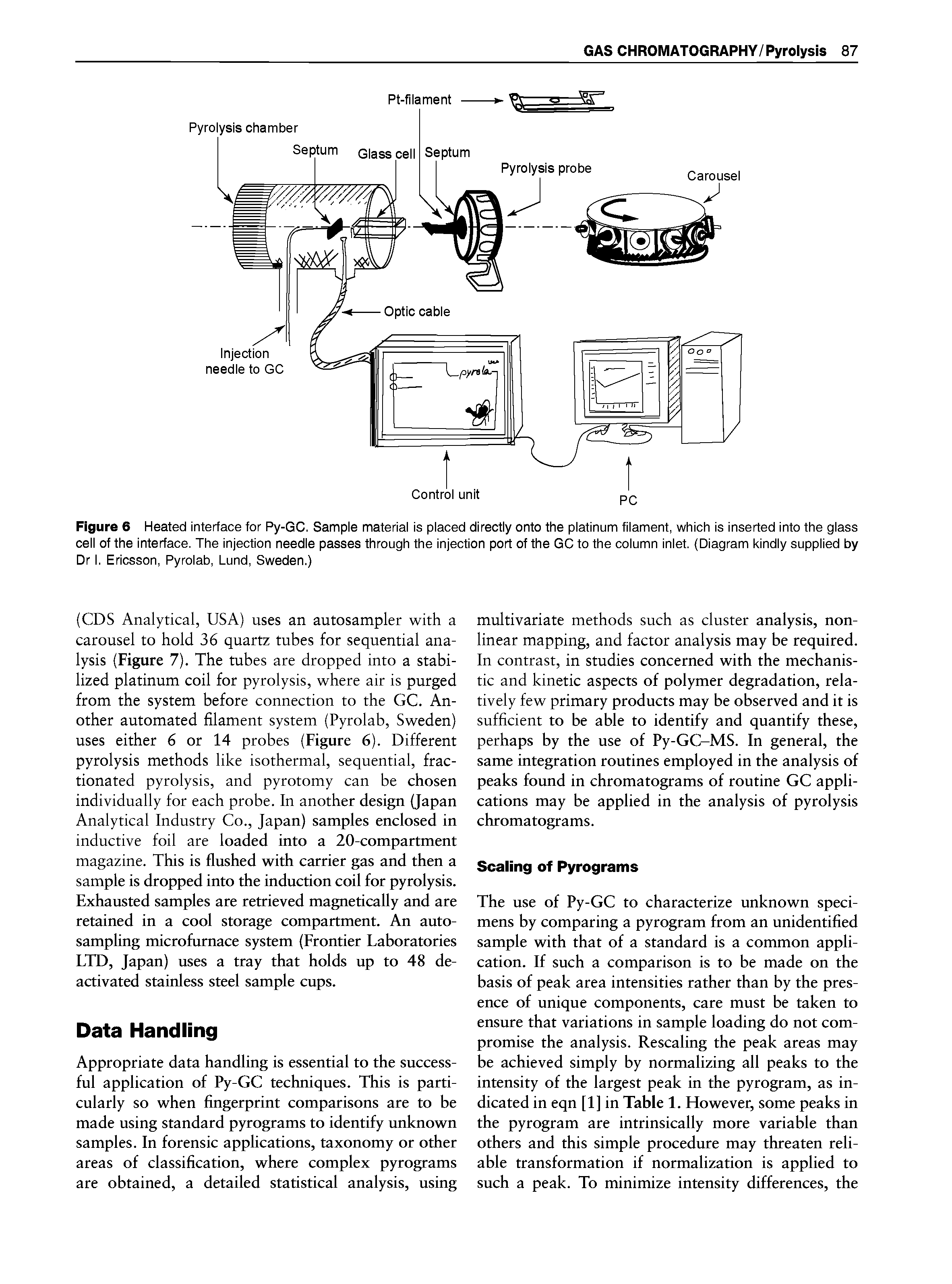 Figure 6 Heated interface for Py-GC. Sample material is placed directly onto the platinum filament, which is inserted into the glass cell of the interface. The injection needle passes through the injection port of the GC to the column inlet. (Diagram kindly supplied by Dr I. Ericsson, Pyrolab, Lund, Sweden.)...