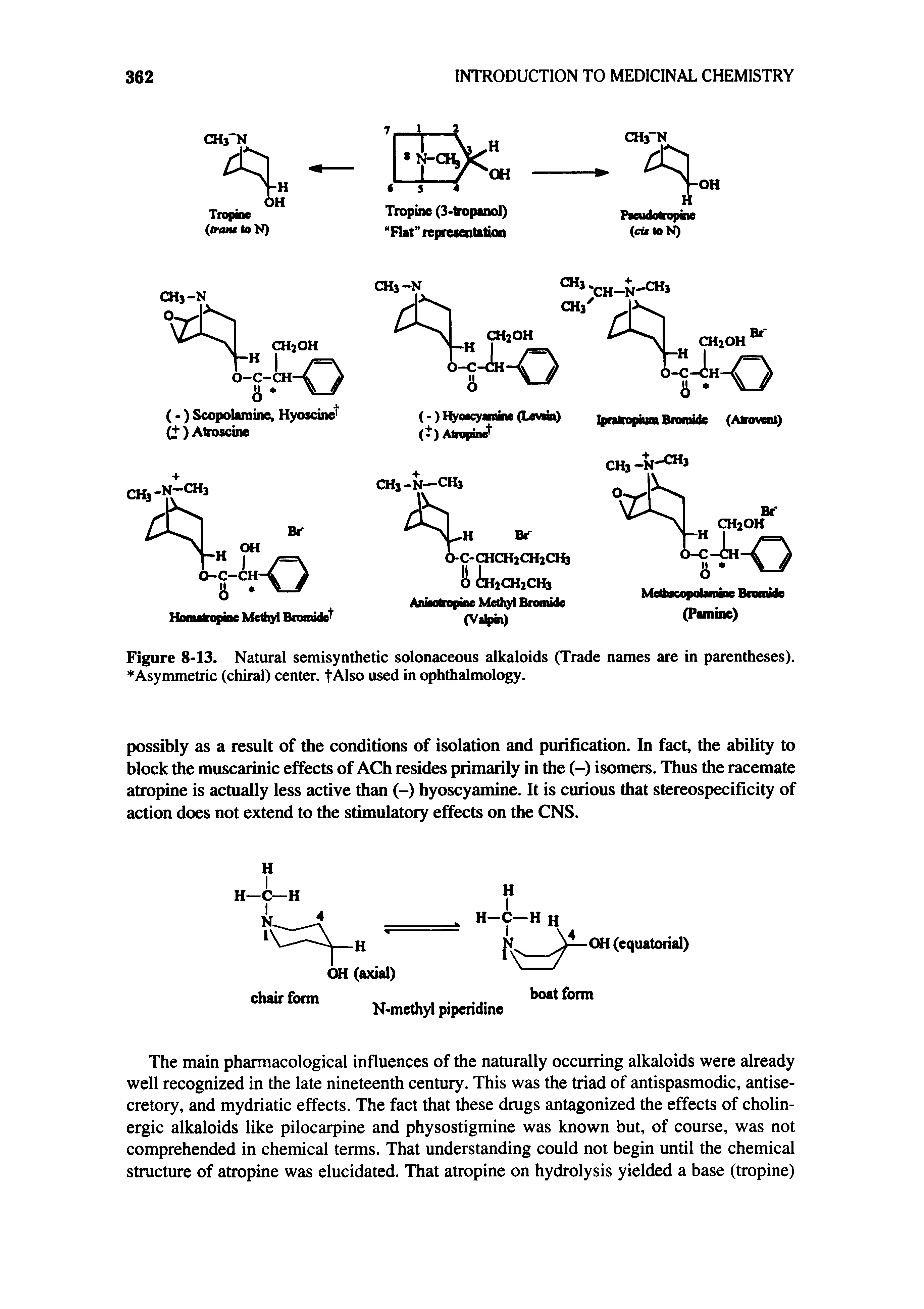 Figure 8-13. Natural semisynthetic solonaceous alkaloids (Trade names are in parentheses). Asymmetric (chiral) center, tAlso used in ophthalmology.