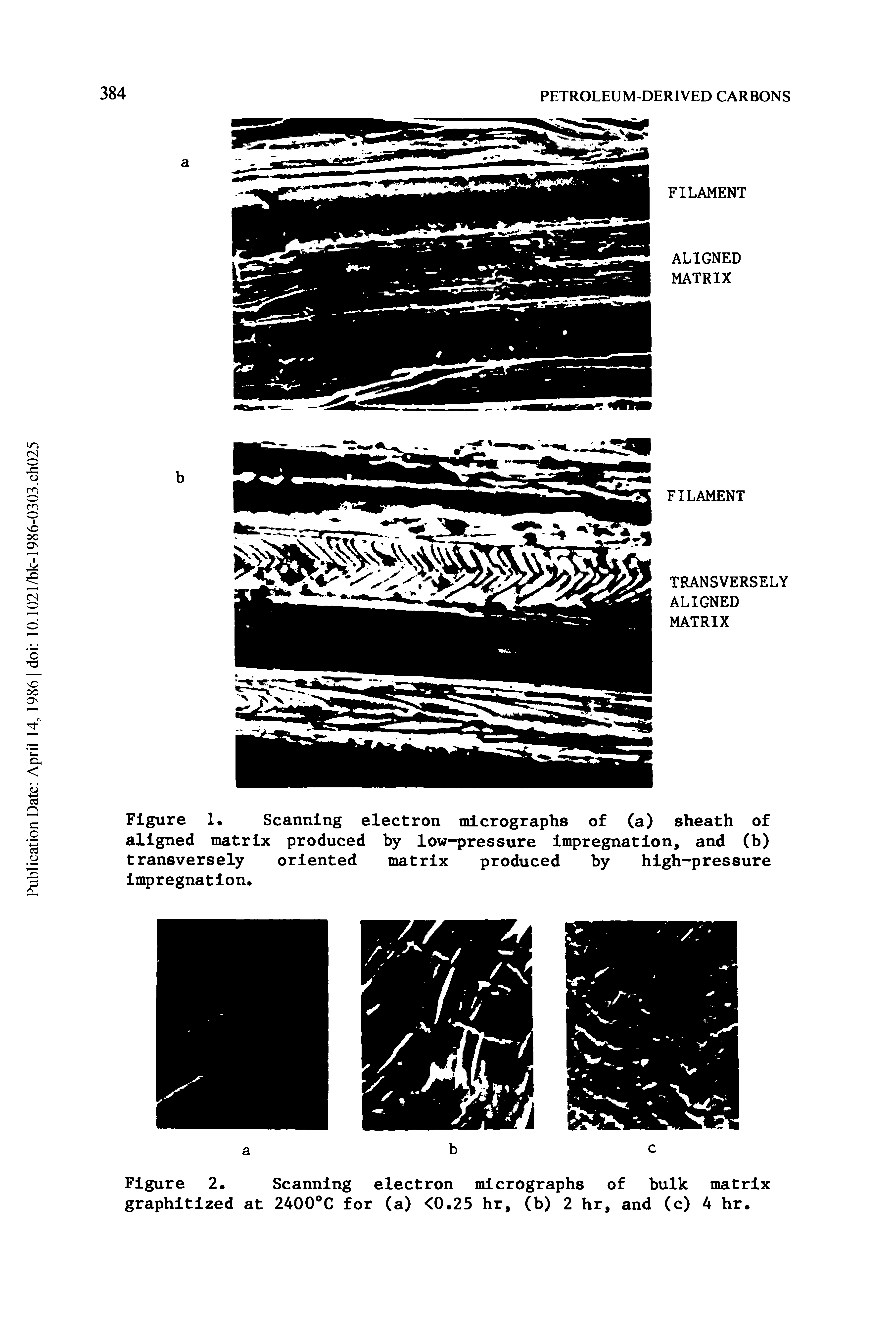 Figure 1. Scanning electron micrographs of (a) sheath of aligned matrix produced by low-pressure impregnation, and (b) transversely oriented matrix produced by high-pressure impregnation.