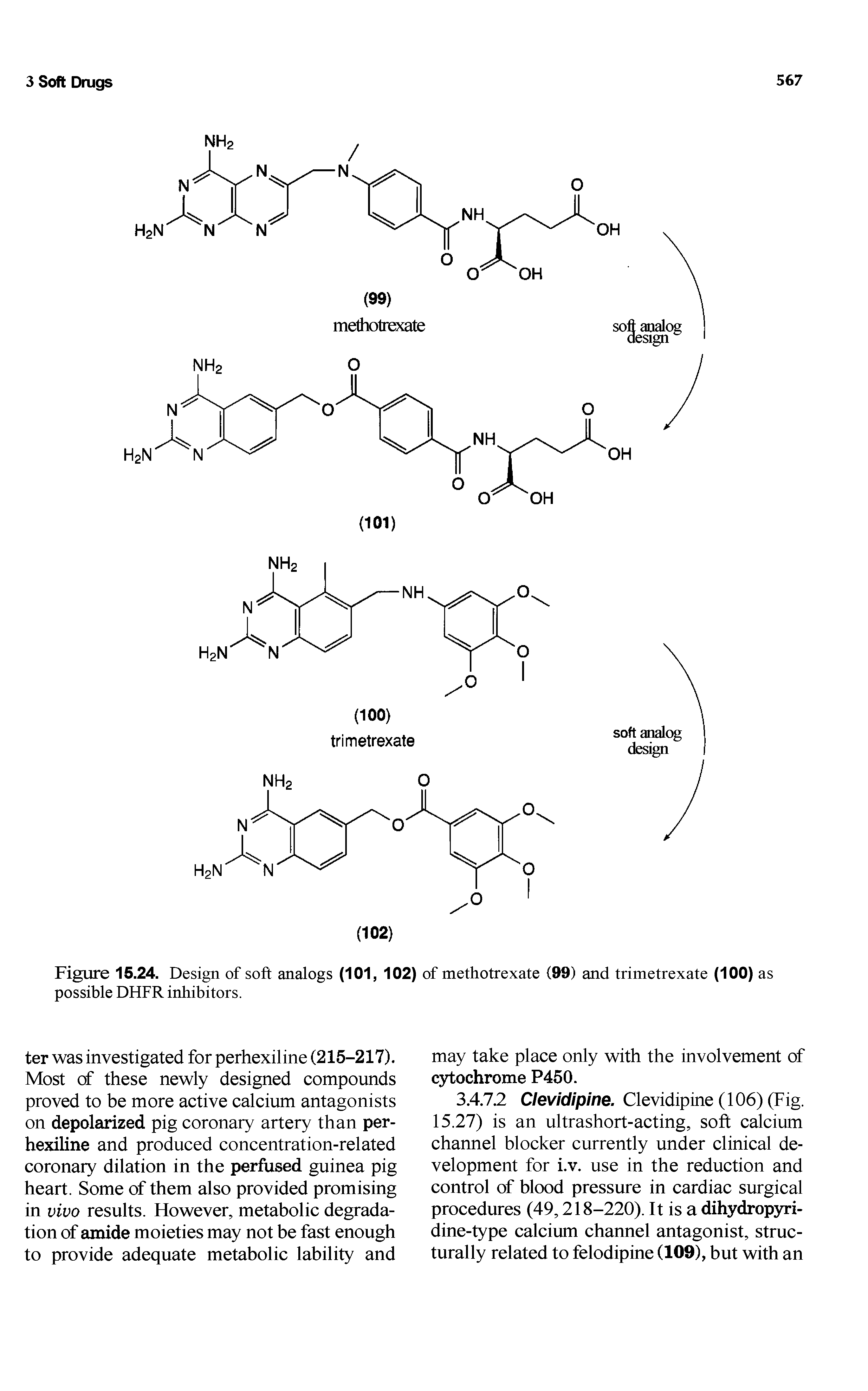 Figure 15.24. Design of soft analogs (101, 102) of methotrexate (99) and trimetrexate (100) as possible DHFR inhibitors.