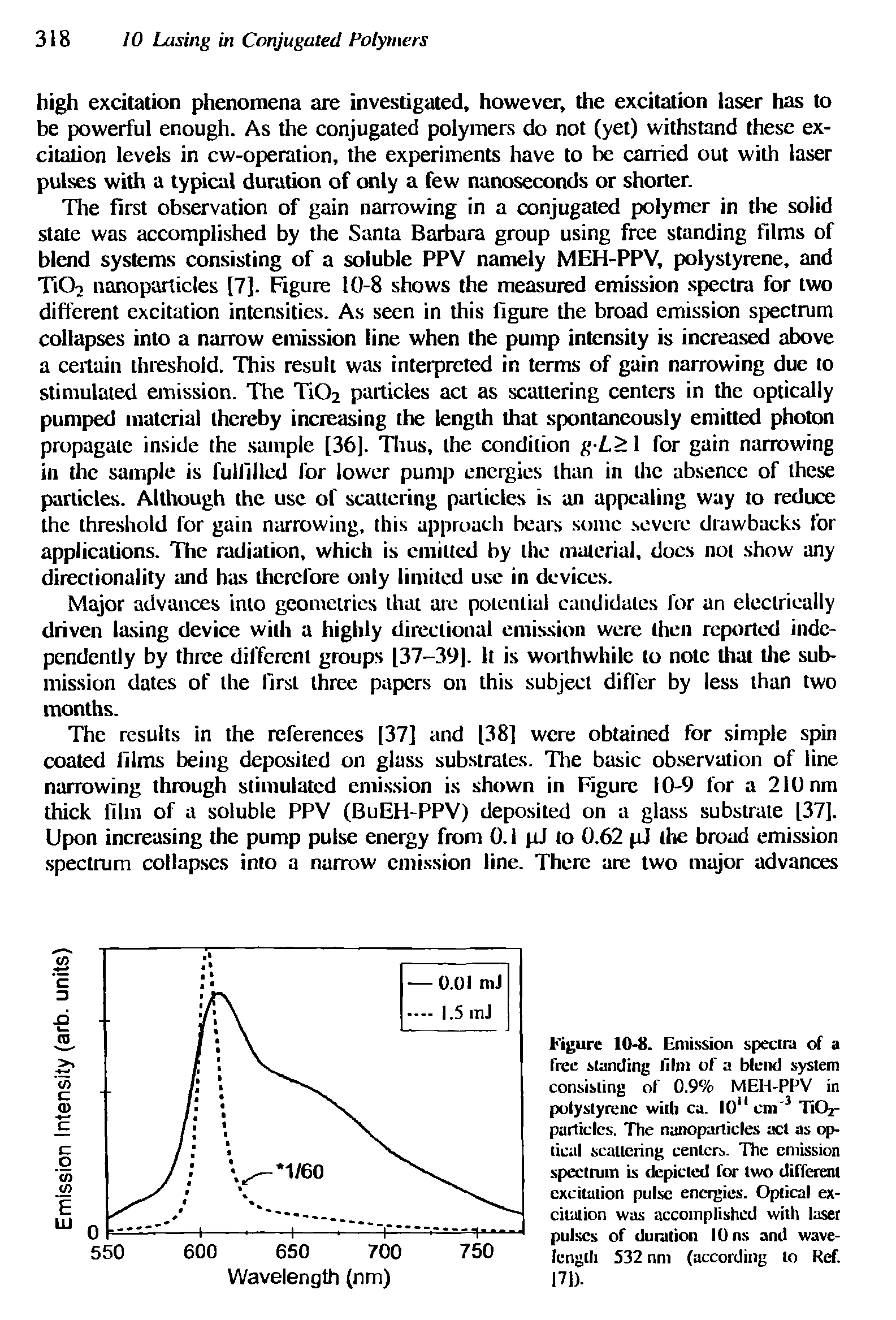 Figure 10-8. Emission spectra of a free standing film of a blend system consisting of 0.9% MEH-PPV in polystyrene with ca. I011 cm 3 TiOj-particlcs. The nanoparlicles act as optical scattering centers. The emission spectrum is depicted for two different excitation pulse energies. Optical excitation was accomplished with laser pulses of duration I Ons and wavelength 532 nm (according to Ref. 171).