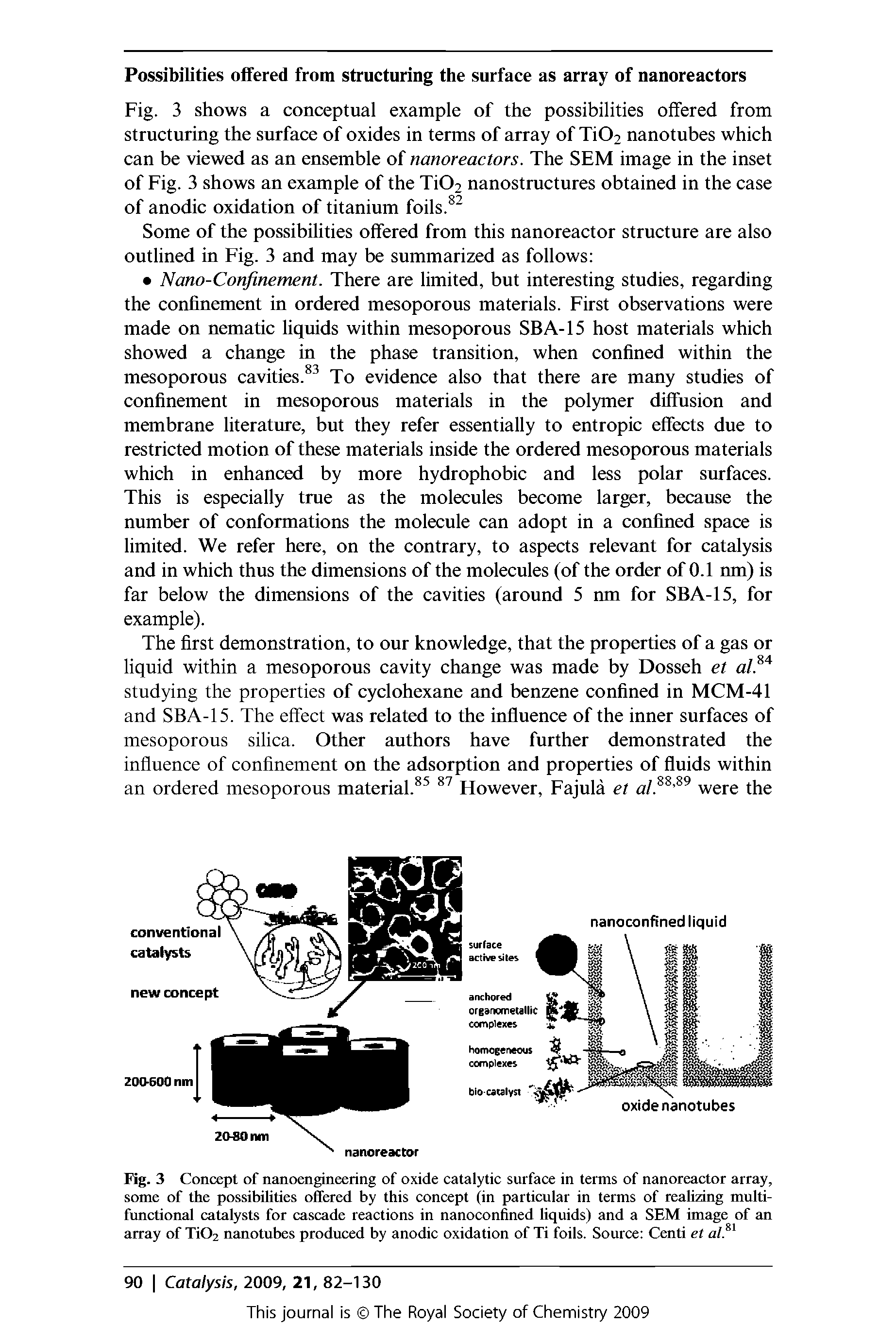 Fig. 3 Concept of nanoengineering of oxide catalytic surface in terms of nanoreactor array, some of the possibilities offered by this concept (in particular in terms of realizing multifunctional catalysts for cascade reactions in nanoconfined liquids) and a SEM image of an array of Xi02 nanotubes produced by anodic oxidation of Ti foils. Source Centi et alN...