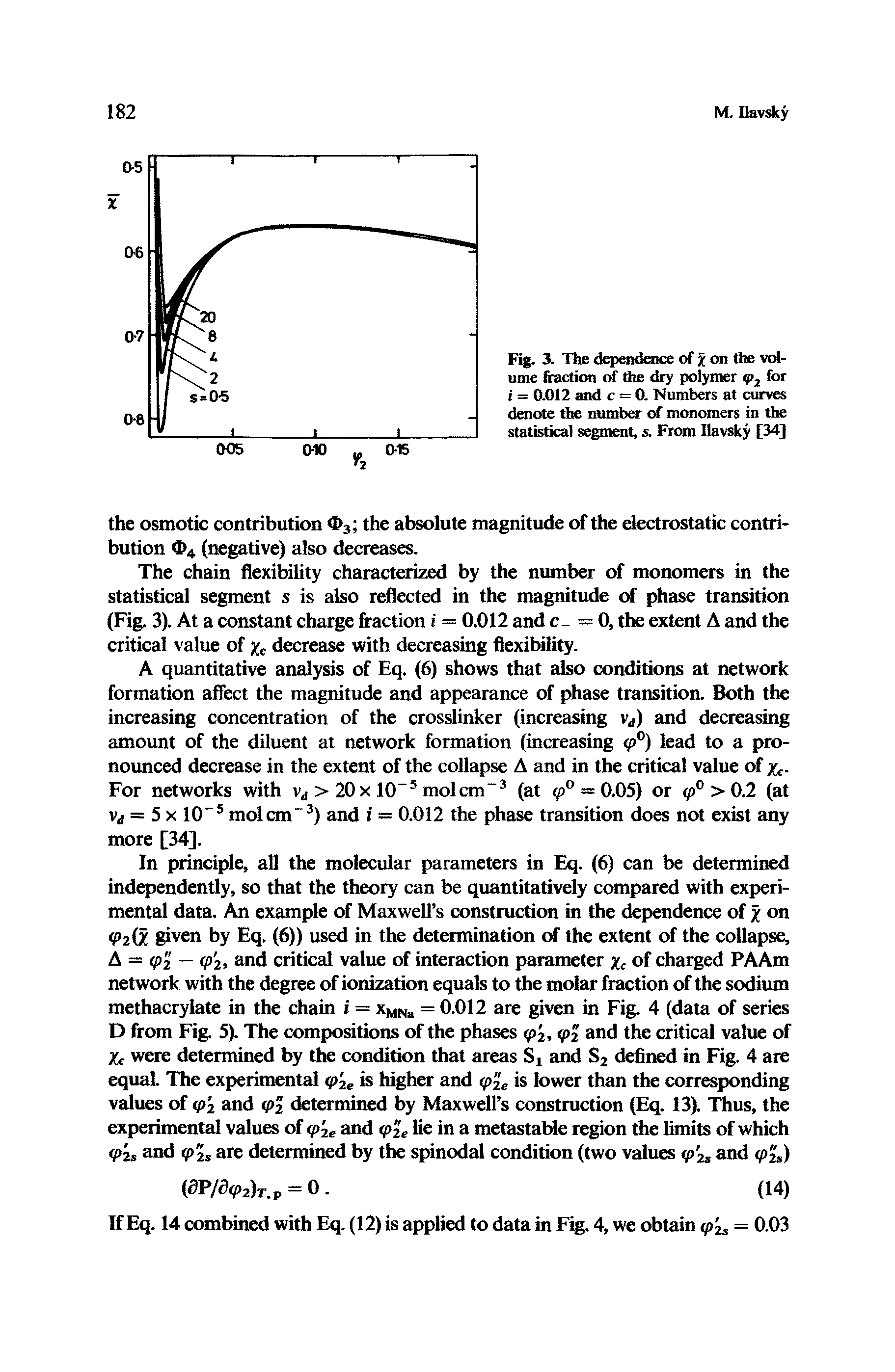 Fig. 3. The dependence of % on the volume fraction of the dry polymer tp2 for i - 0.012 and c = 0. Numbers at curves denote the number of monomers in the statistical segment, s. From Ilavsky [34]...