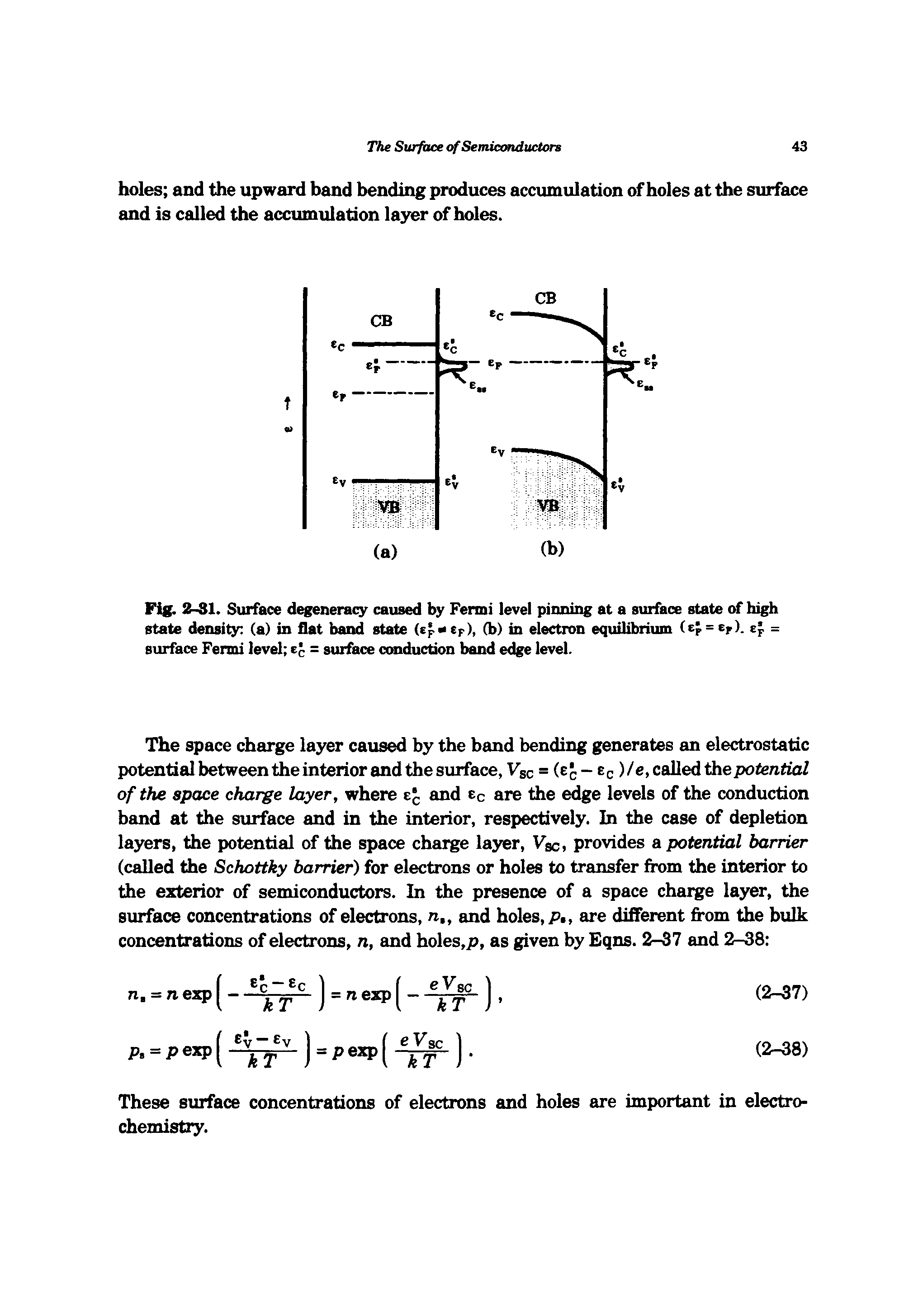 Fig. 2-81. Surface degeneracy caused by Fermi level pinning at a surface state of high state density (a) in flat band state (Ep ep), G>) in electron equilibrium (cp = cp). cp = surface Fermi level = surface ccmduction band edge level.