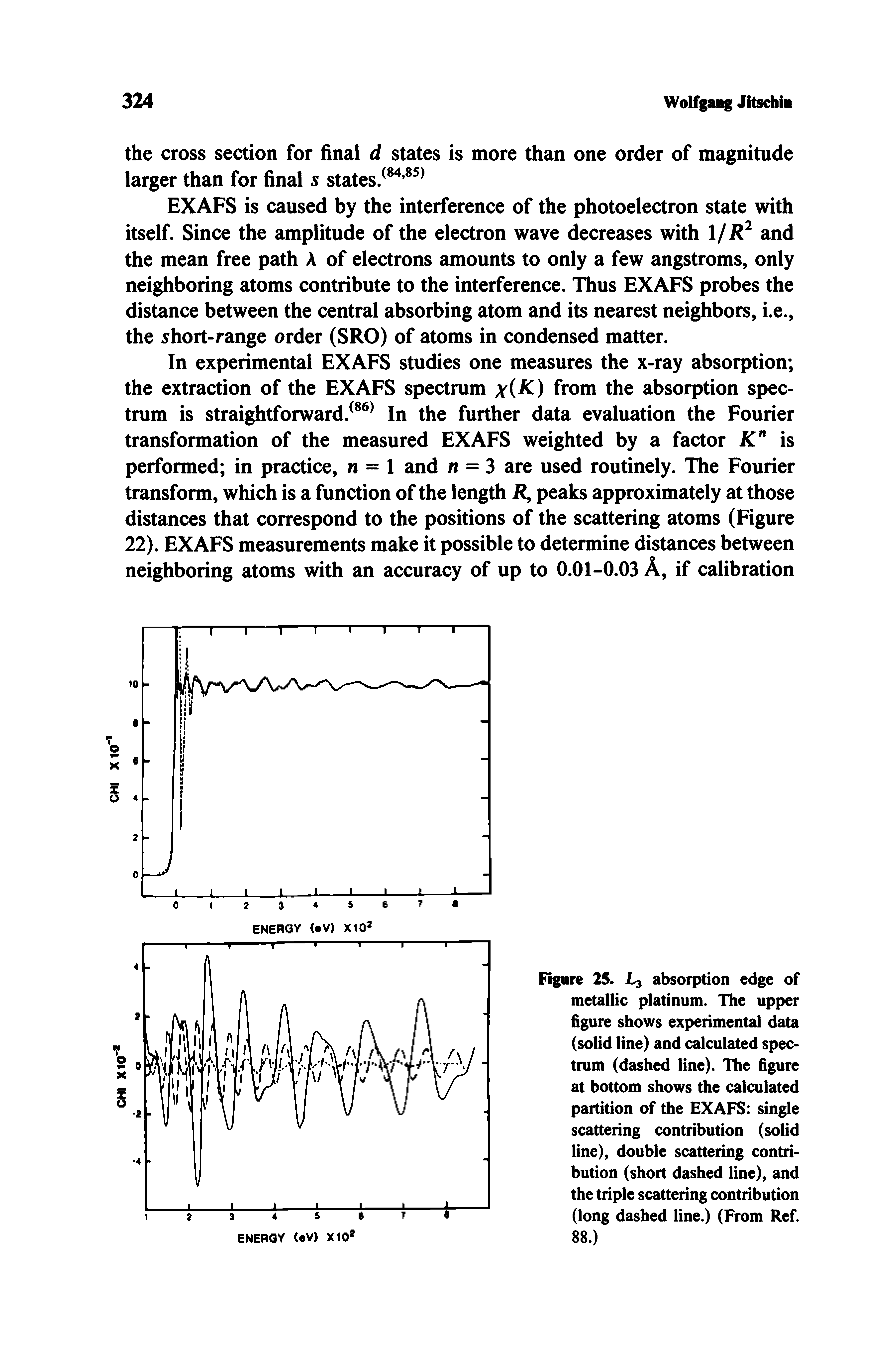 Figure 25. L3 absorption edge of metallic platinum. The upper figure shows experimental data (solid line) and calculated spectrum (dashed line). The figure at bottom shows the calculated partition of the EXAFS single scattering contribution (solid line), double scattering contribution (short dashed line), and the triple scattering contribution (long dashed line.) (From Ref. 88.)...