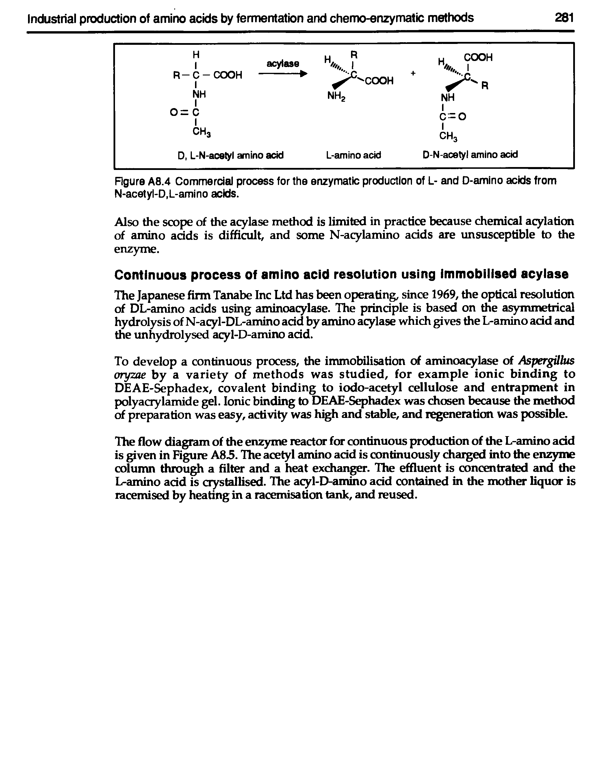 Figure A8.4 Commercial process for the enzymatic production of L- and D-amino acids from N-acetyl-D,L-amino acids.