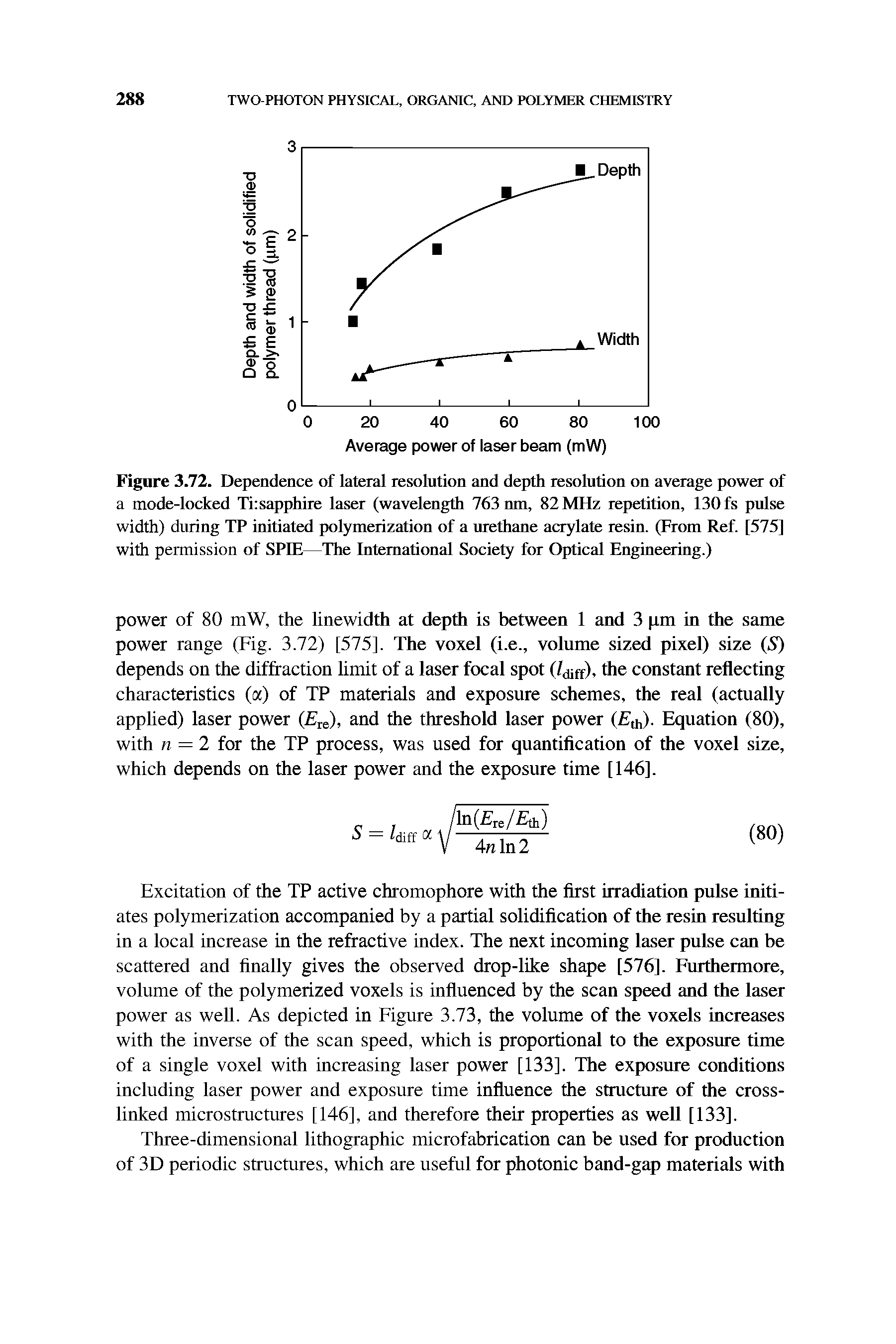 Figure 3.72. Dependence of lateral resolution and depth resolution on average power of a mode-locked Ti sapphire laser (wavelength 763 nm, 82MHz repetition, 130 fs pulse width) during TP initiated polymerization of a urethane acrylate resin. (From Ref. [575] with permission of SPIE—The International Society for Optical Engineering.)...