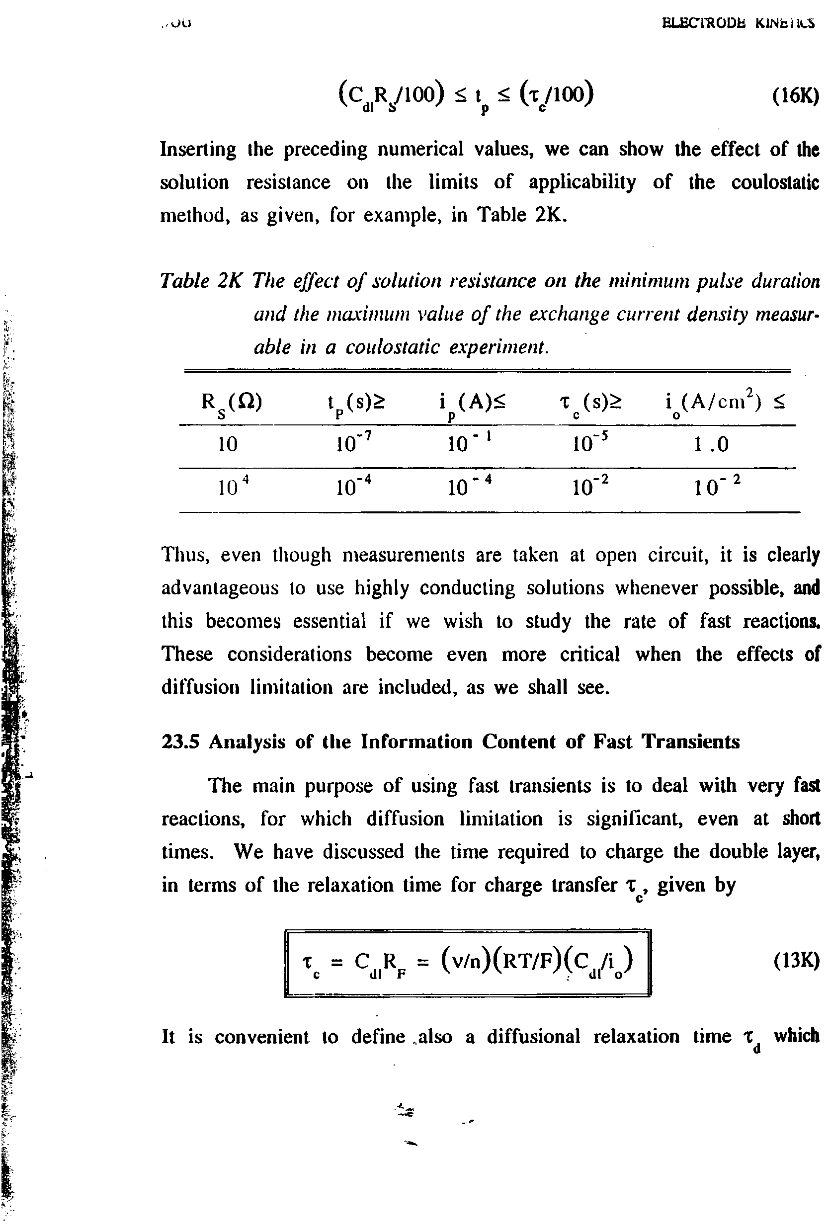 Table 2K The effect of solution resistance on the minimum pulse duration and the maximum value of the exchange current density measurable in a coulostatic experiment.