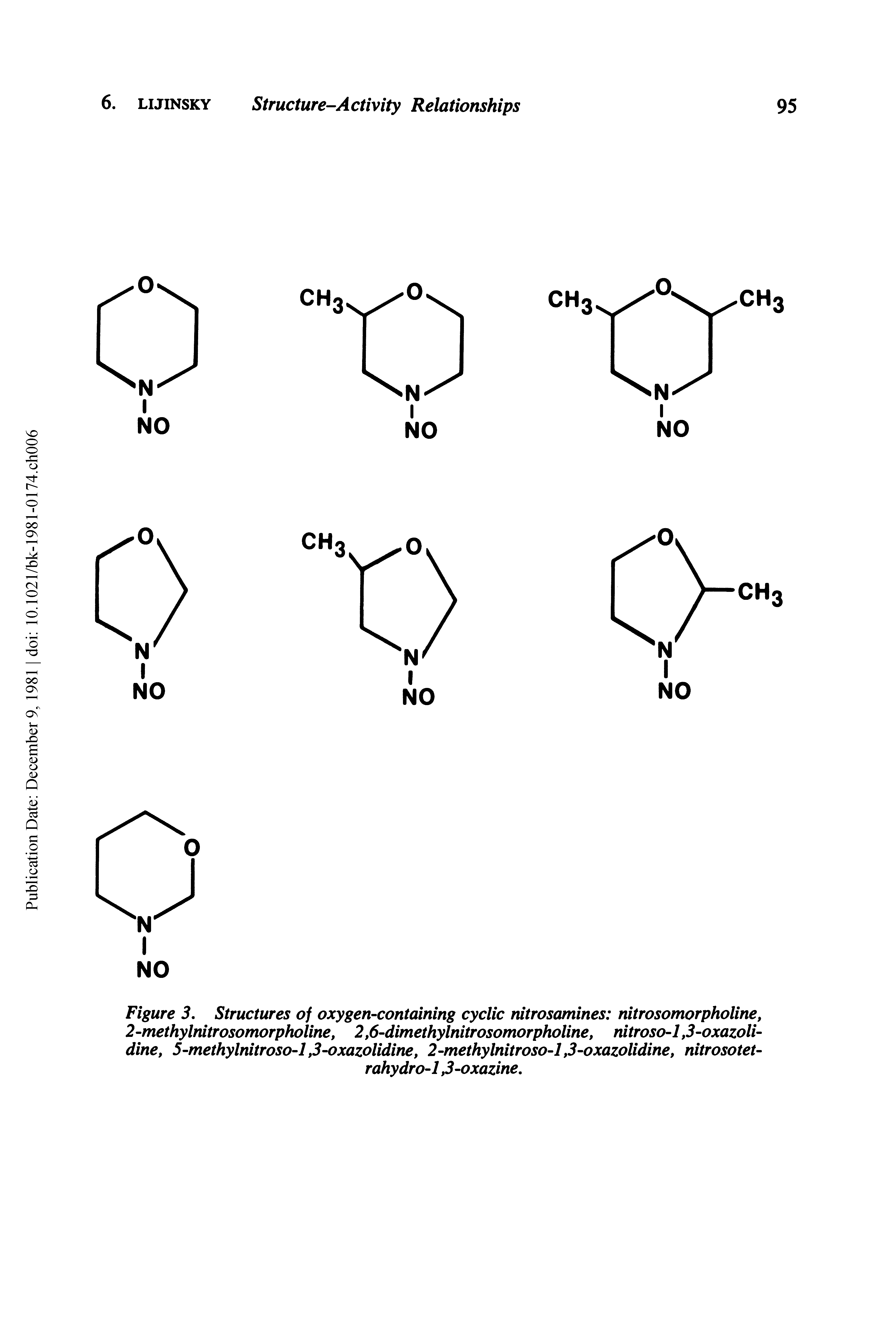 Figure 3, Structures of oxygen-containing cyclic nitrosamines nitrosomorpholine, 2-methylnitrosomorpholine, 2,6-dimethylnitrosomorpholine, nitroso-1,3-oxazoli-dine, 5-methylnitroso-l,3-oxazolidine, 2-methylnitroso-l,3-oxazolidine, nitrosotet-...