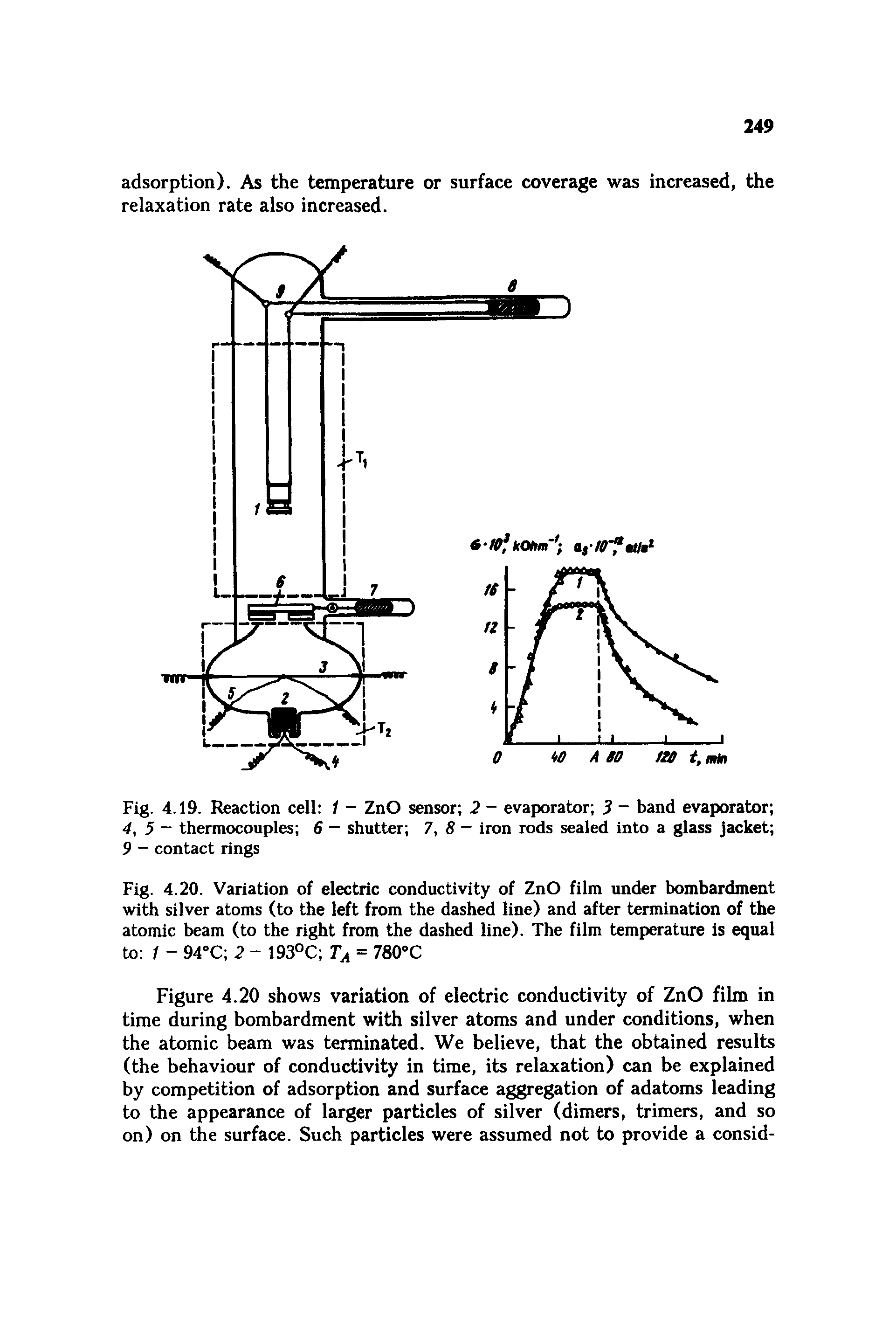 Fig. 4.19. Reaction cell 1 - ZnO sensor 2 - evaporator 3 band evaporator 4, 5 - thermocouples 6 — shutter 7, 8 — iron rods sealed into a glass jacket 9 - contact rings...