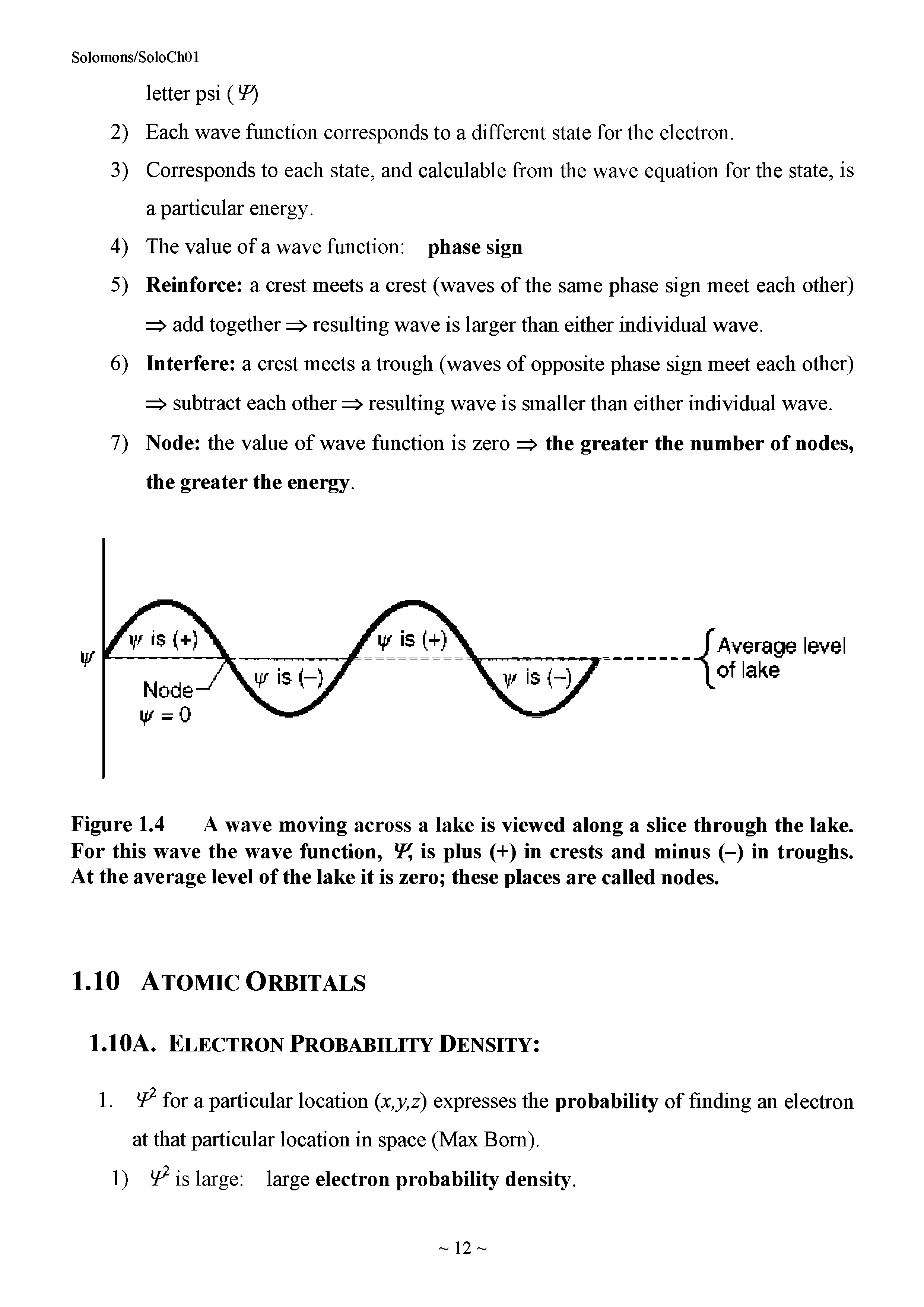 Figure 1.4 A wave moving across a lake is viewed along a slice through the lake. For this wave the wave function, W, is plus (+) in crests and minus (-) in troughs. At the average level of the lake it is zero these places are called nodes.