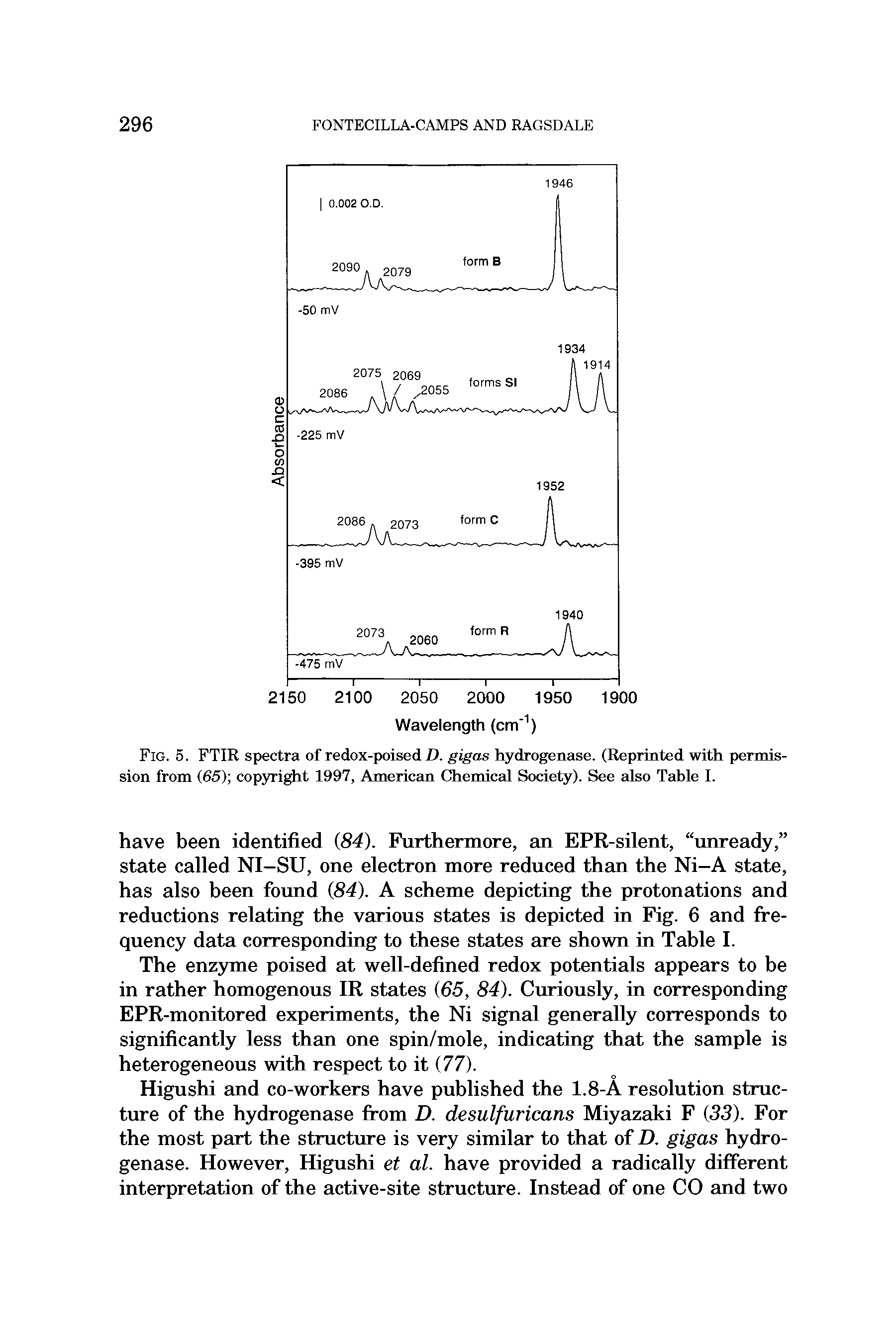 Fig. 5. FTIR spectra of redox-poised D. gigas hydrogenase. (Reprinted with permission from (65) cop3Tight 1997, AmericEm ChemicEd Society). See Edso Table I.