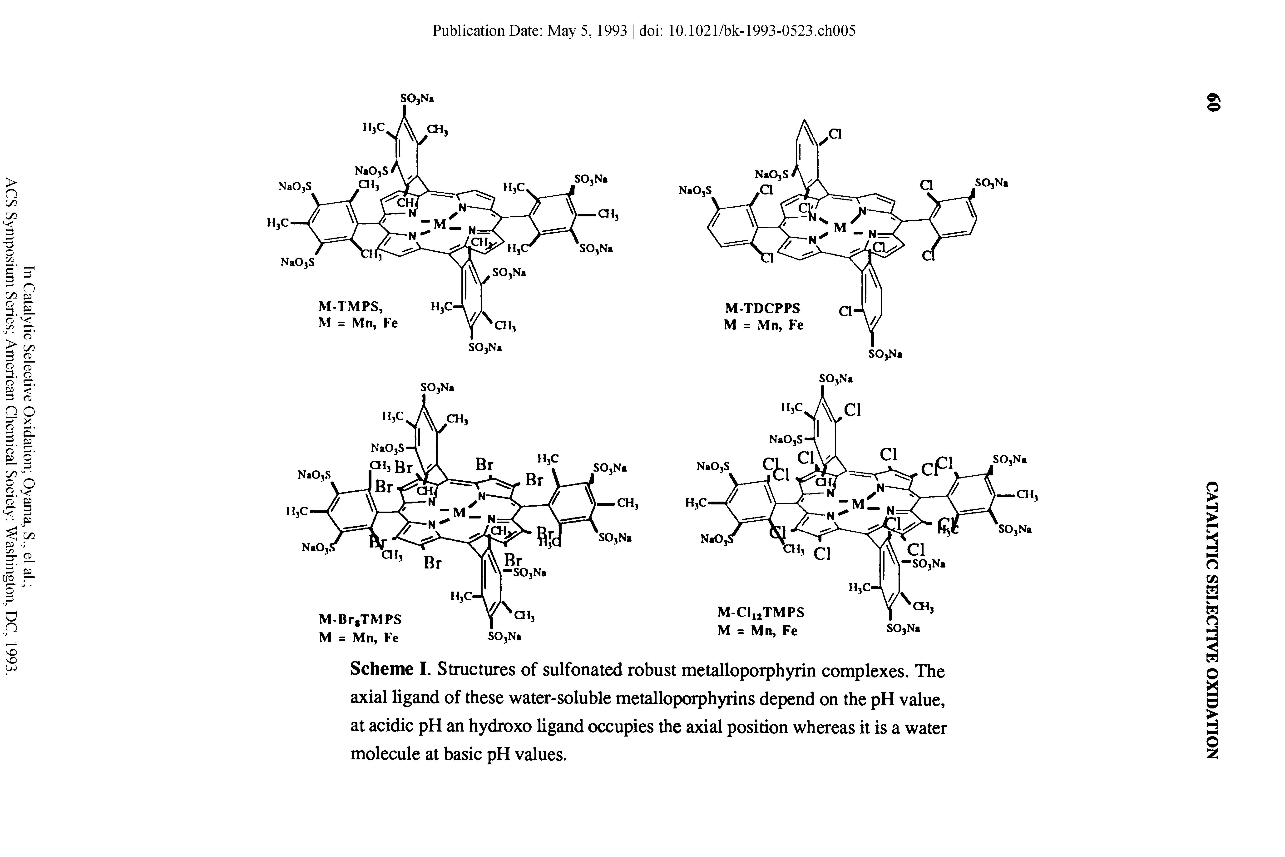Scheme I. Structures of sulfonated robust metalloporphyrin complexes. The axial ligand of these water-soluble metalloporphyrins depend on the pH value, at acidic pH an hydroxo ligand occupies the axial position whereas it is a water molecule at basic pH values.