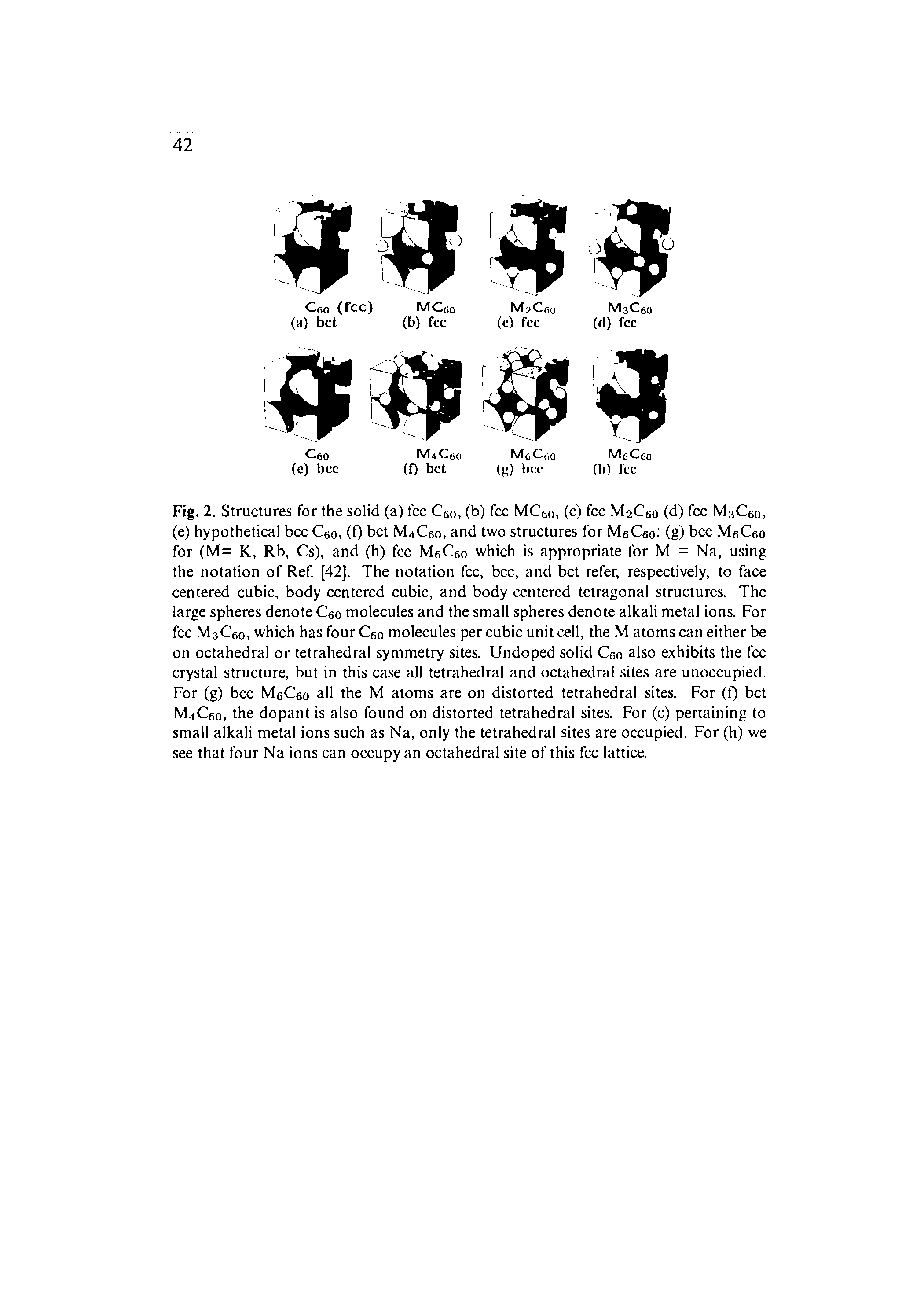 Fig. 2. Structures for the solid (a) fee Cco, (b) fee MCco, (c) fee M2C60 (d) fee MsCeo, (e) hypothetical bee Ceo, (0 bet M4C60, and two structures for MeCeo (g) bee MeCeo for (M= K, Rb, Cs), and (h) fee MeCeo which is appropriate for M = Na, using the notation of Ref [42]. The notation fee, bee, and bet refer, respectively, to face centered cubic, body centered cubic, and body centered tetragonal structures. The large spheres denote Ceo molecules and the small spheres denote alkali metal ions. For fee M3C60, which has four Ceo molecules per cubic unit cell, the M atoms can either be on octahedral or tetrahedral symmetry sites. Undoped solid Ceo also exhibits the fee crystal structure, but in this case all tetrahedral and octahedral sites are unoccupied. For (g) bcc MeCeo all the M atoms are on distorted tetrahedral sites. For (f) bet M4Ceo, the dopant is also found on distorted tetrahedral sites. For (c) pertaining to small alkali metal ions such as Na, only the tetrahedral sites are occupied. For (h) we see that four Na ions can occupy an octahedral site of this fee lattice.