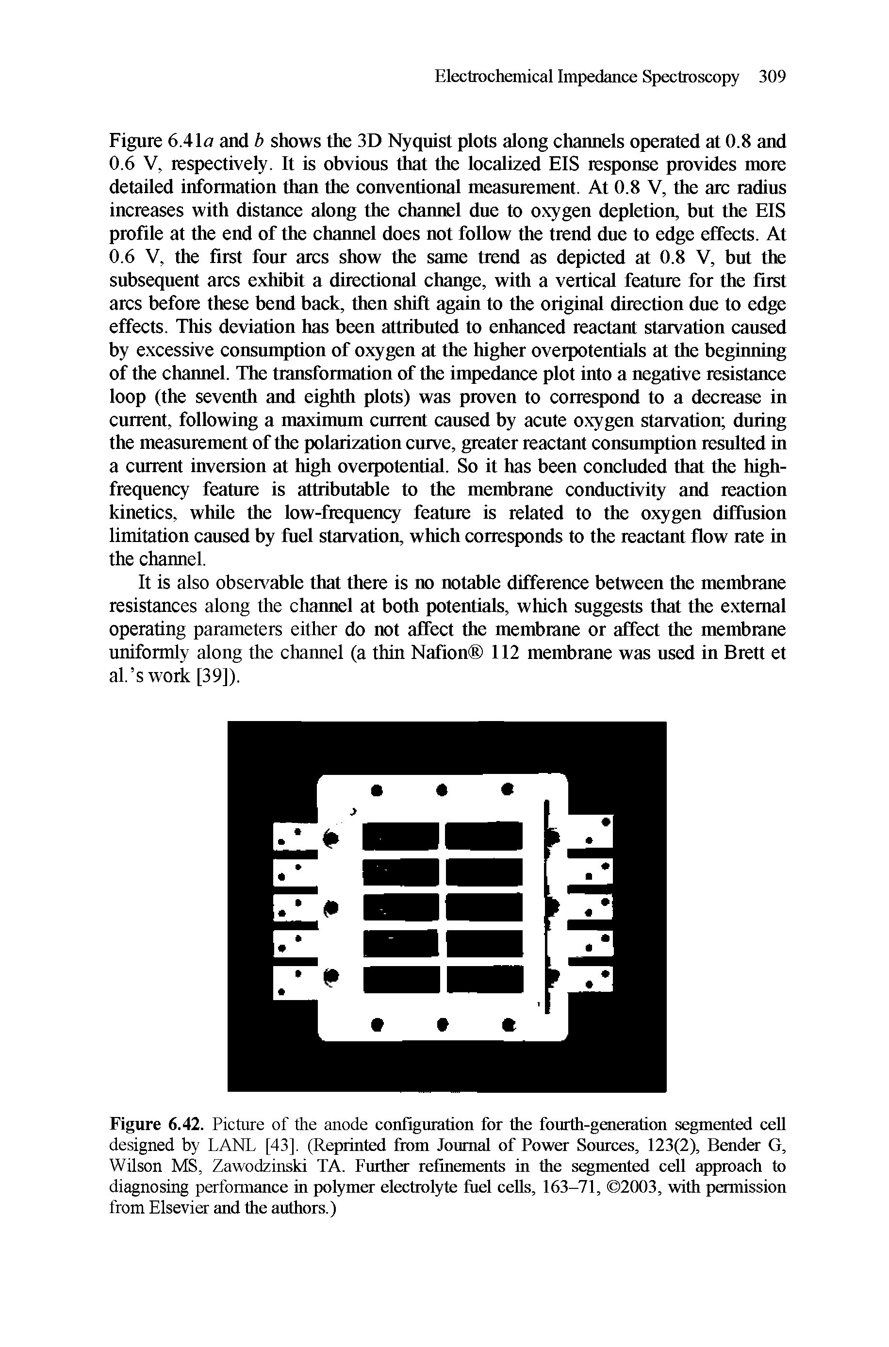 Figure 6.42. Picture of the anode configuration for the fourth-generation segmented cell designed by LANL [43], (Reprinted from Journal of Power Sources, 123(2), Bender G, Wilson MS, Zawodzinski TA. Further refinements in the segmented cell approach to diagnosing performance in polymer electrolyte fuel cells, 163-71, 2003, with permission from Elsevier and the authors.)...