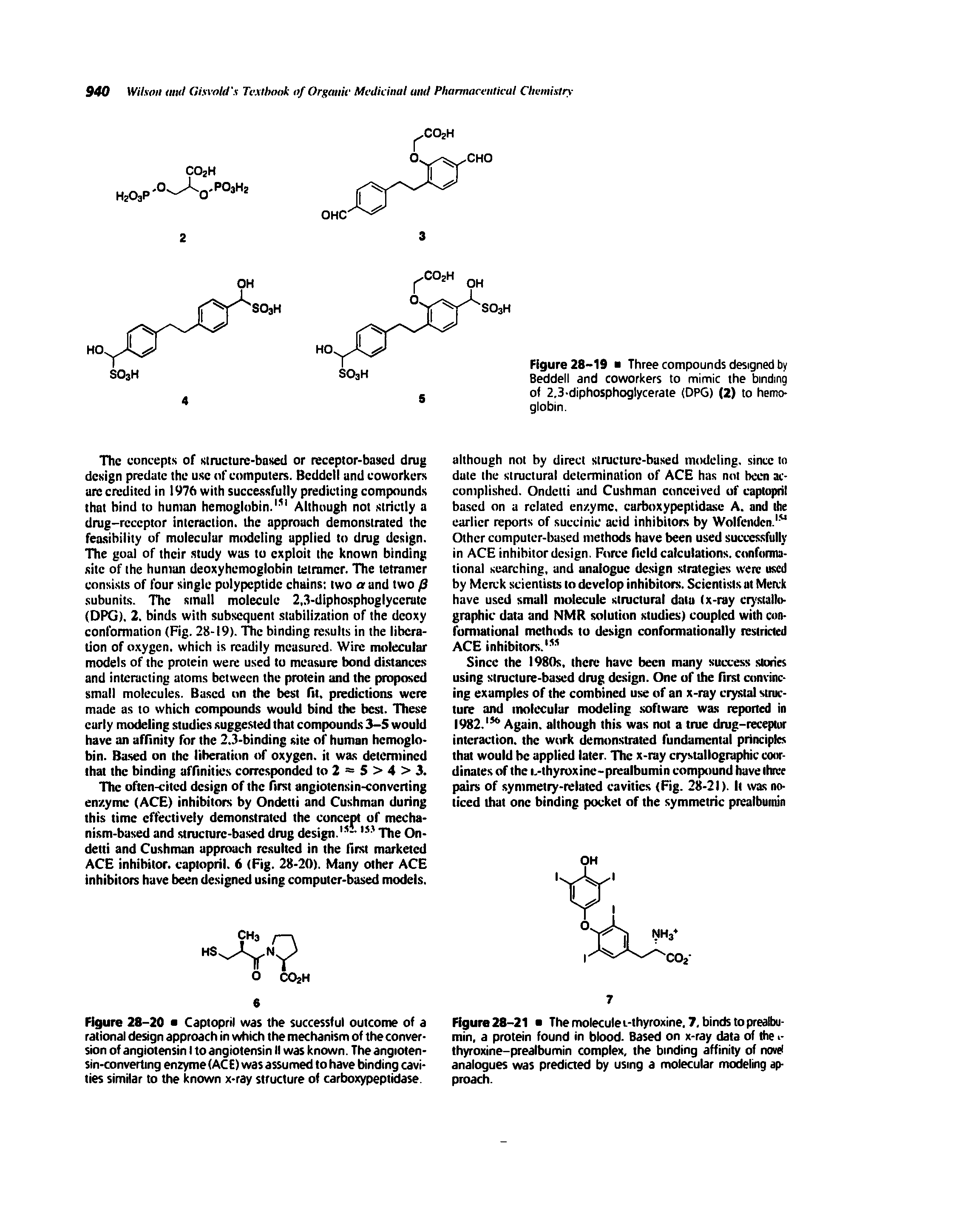 Figure 28-20 Captopril was the successful outcome of a rational design approach in which the mechanism of the conversion of angiotensin I to angiotensin II was known. The angiotensin-converting enzyme (ACE) was assumed to have binding cavities similar to the known x-ray structure of carboxypeptidase.