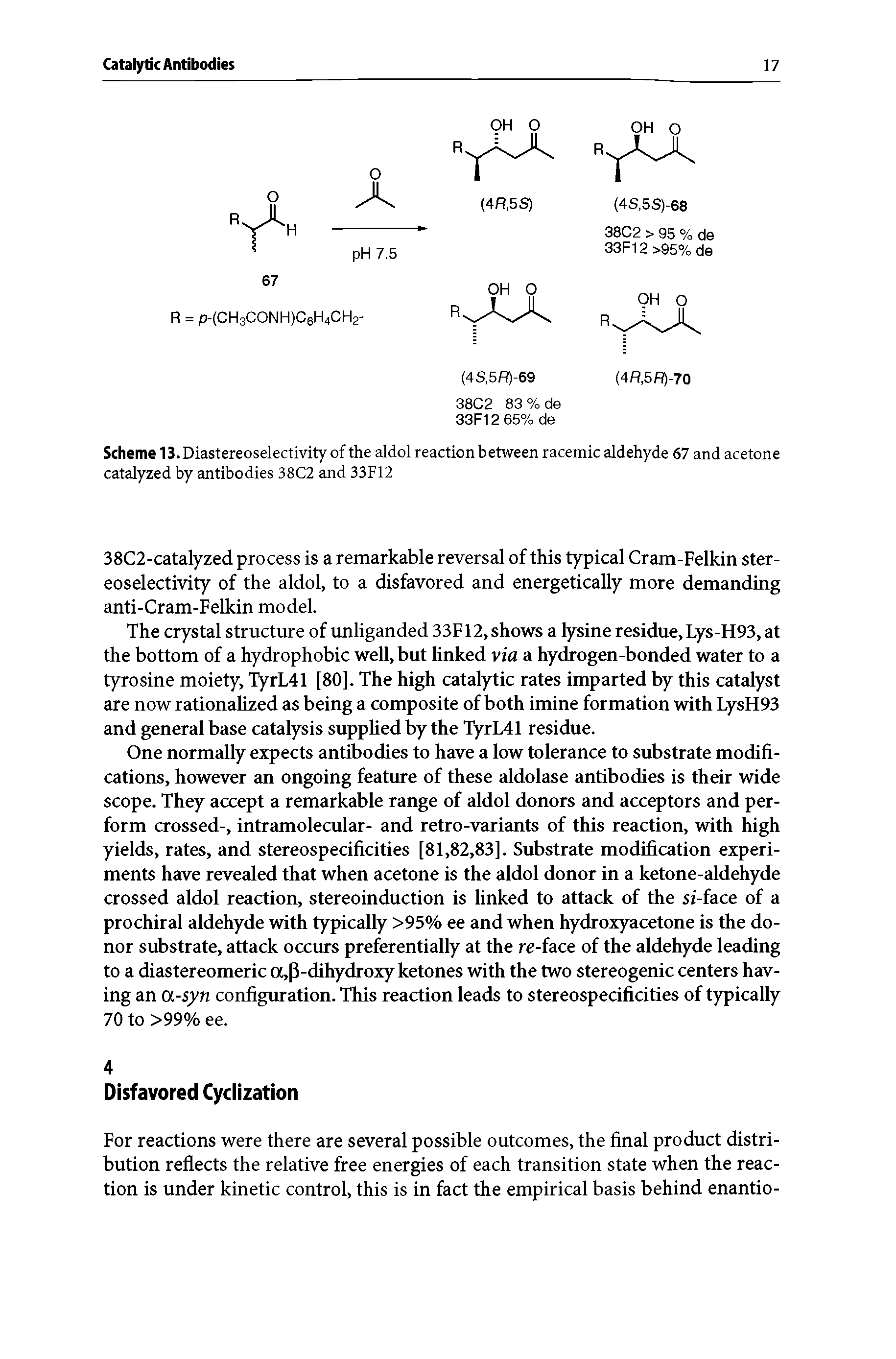 Scheme 13. Diastereoselectivity of the aldol reaction between racemic aldehyde 67 and acetone catalyzed by antibodies 38C2 and 33F12...