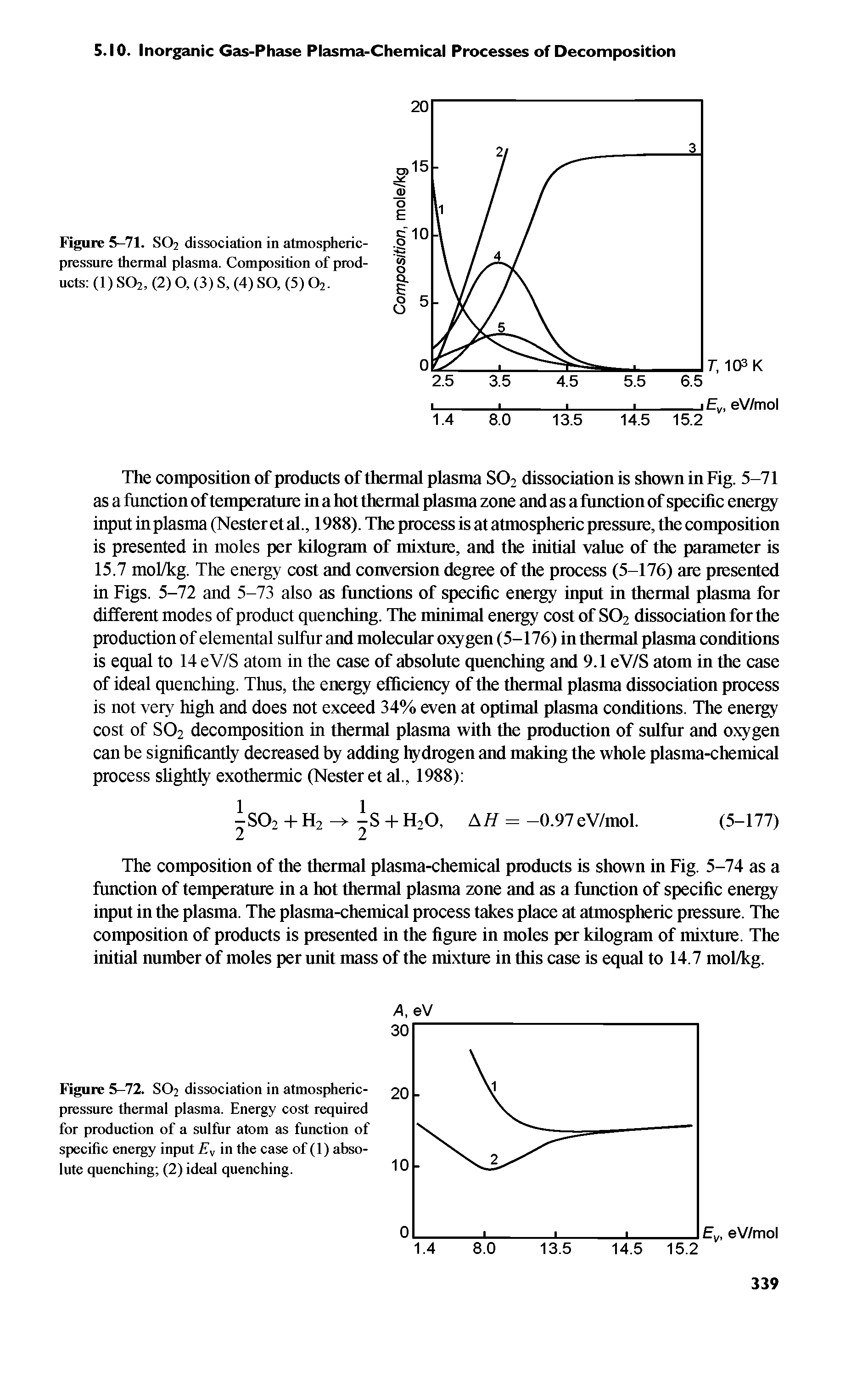 Figure 5-72. SO2 dissociation in atmospheric-pressure thermal plasma. Energy cost required for produetion of a sulfur atom as funetion of speeifie energy input in the case of (1) absolute quenehing (2) ideal quenching.