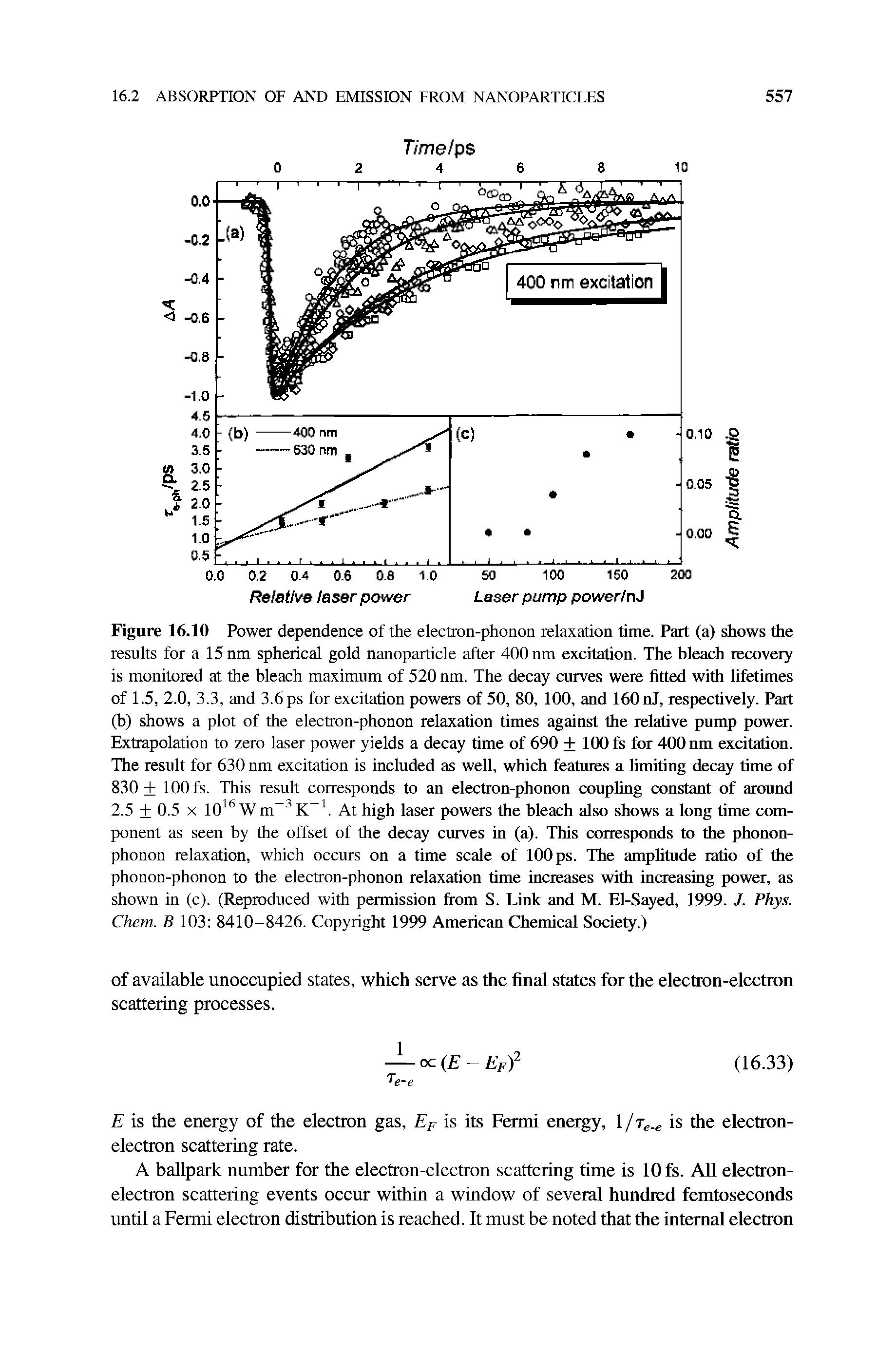 Figure 16.10 Power dependence of the electron-phonon relaxation time. Part (a) shows the results for a 15 nm spherical gold nanoparticle after 400 nm excitation. The bleach recovery is monitored at the bleach maximum of 520 nm. The decay curves were fitted with lifetimes of 1.5, 2.0, 3.3, and 3.6 ps for excitation powers of 50, 80, 100, and 160nj, respectively. Part (b) shows a plot of the electron-phonon relaxation times against the relative pump power. Extrapolation to zero laser power yields a decay time of 690 + 100 fs for 400 nm excitation. The result for 630 nm excitation is included as well, which features a hmiting decay time of 830 + 100 fs. This result corresponds to an electron-phonon couphng constant of around 2.5 + 0.5 X 10 Wm At high laser powers the bleach also shows a long time component as seen by the offset of the decay curves in (a). This corresponds to the phonon-phonon relaxation, which occurs on a time scale of 100 ps. The amphtude ratio of the phonon-phonon to the electron-phonon relaxation time increases with increasing power, as shown in (c). (Reproduced with permission from S. Link and M. El-Sayed, 1999. J. Phys. Chem. B 103 8410-8426. Copyright 1999 American Chemical Society.)...