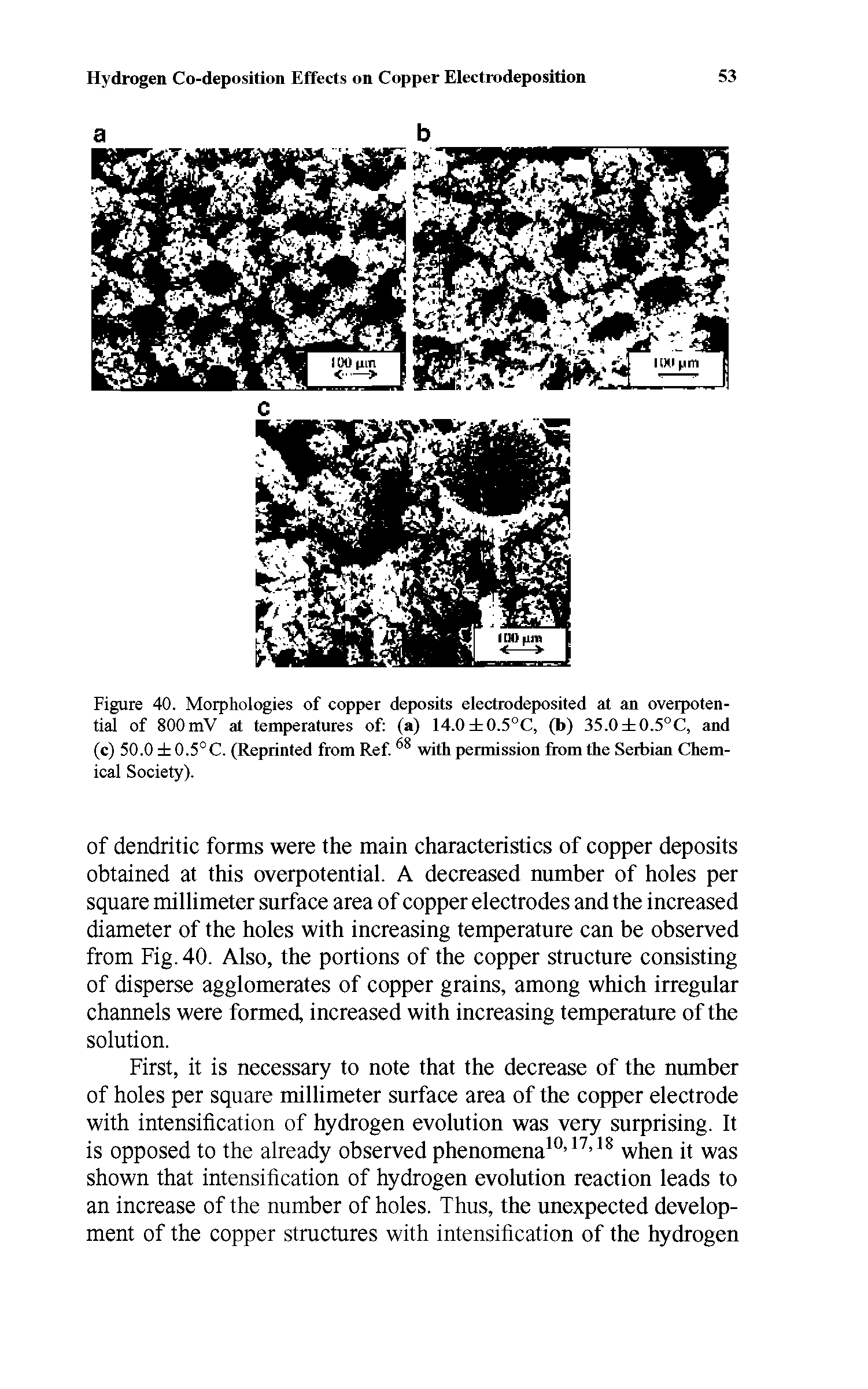 Figure 40. Morphologies of copper deposits electrodeposited at an overpotential of 800 mV at temperatures of (a) 14.0 0.5°C, (b) 35.0 0.5°C, and (c) 50.0 0.5°C. (Reprinted from Ref. with permission from the Serbian Chemical Society).