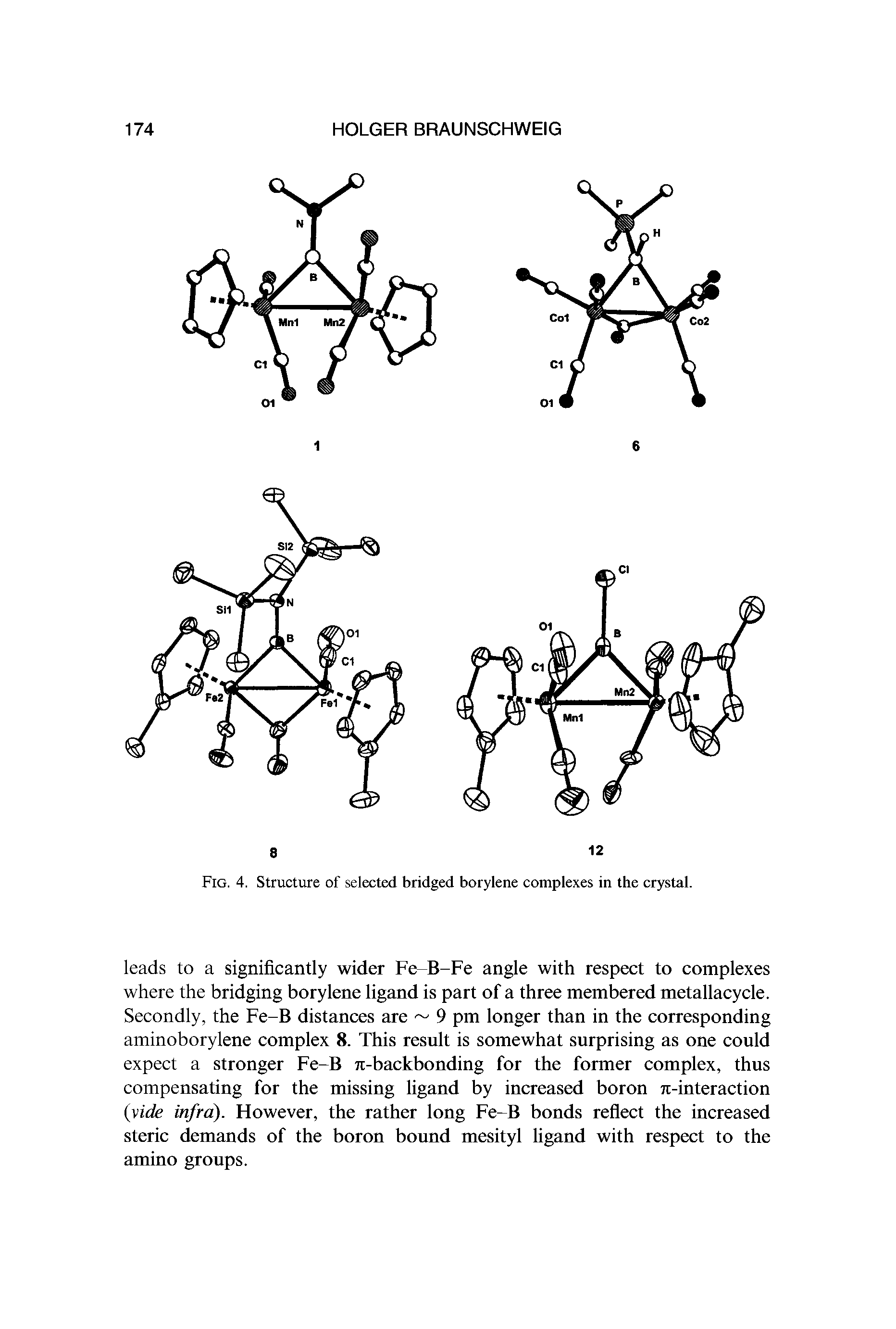 Fig. 4. Structure of selected bridged borylene complexes in the crystal.