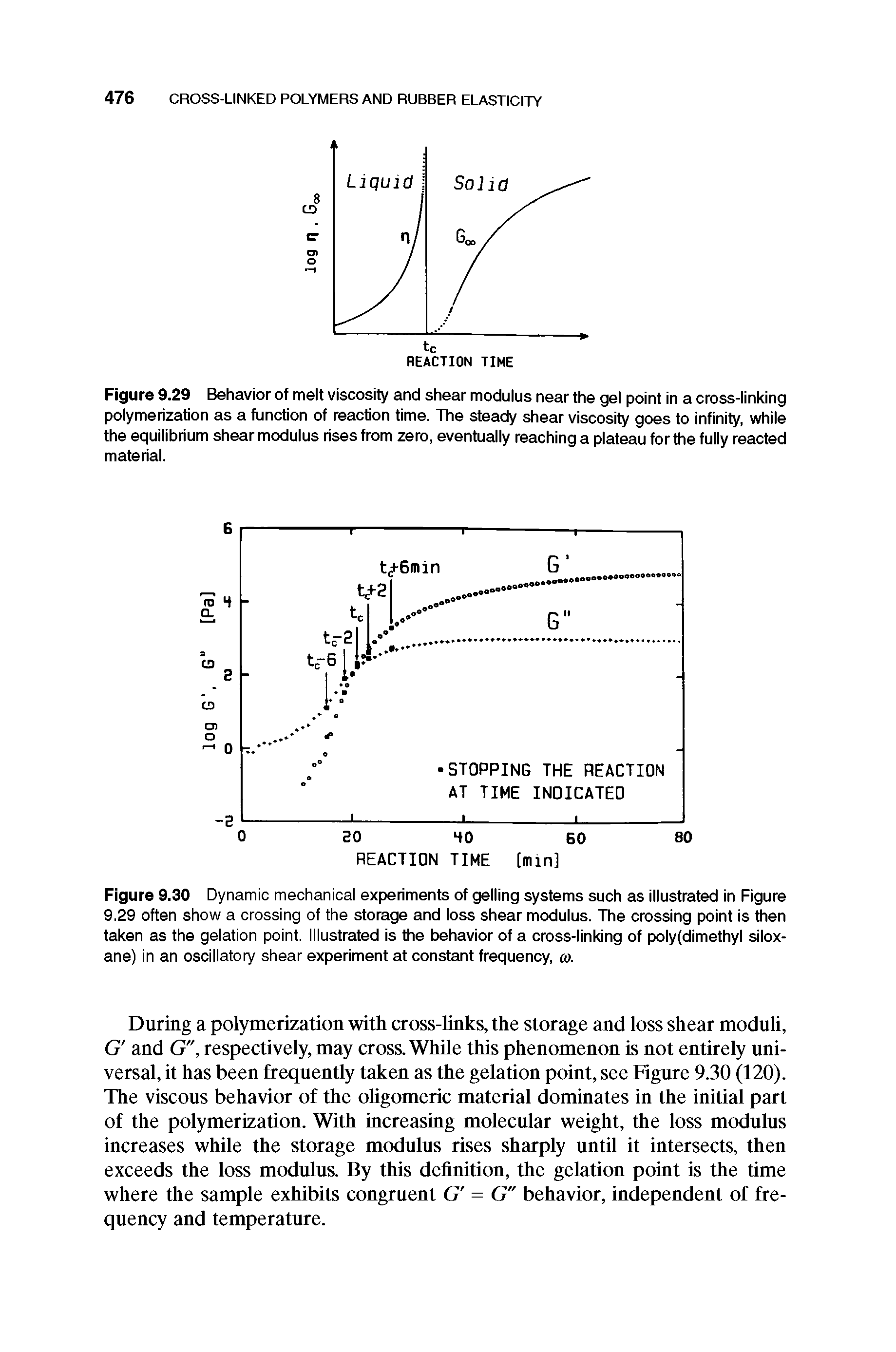 Figure 9.29 Behavior of melt viscosity and shear modulus near the gel point in a cross-linking polymerization as a tunction of reaction time. The steady shear viscosity goes to infinity, while the equilibrium shear modulus rises from zero, eventually reaching a plateau for the fully reacted material.