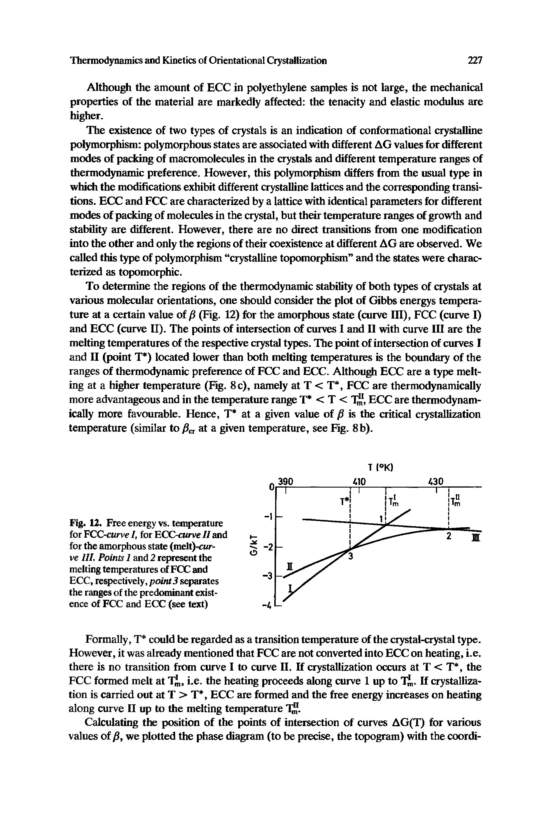 Fig. 12. Free energy vs. temperature for FCC-cttrve /, for ECC-curve II and for the amorphous state (melt)-cur-ve III. Points 1 and 2 represent the melting temperatures of FCC and ECC, respectively, point 3 separates the ranges of the predominant existence of FCC and ECC (see text)...