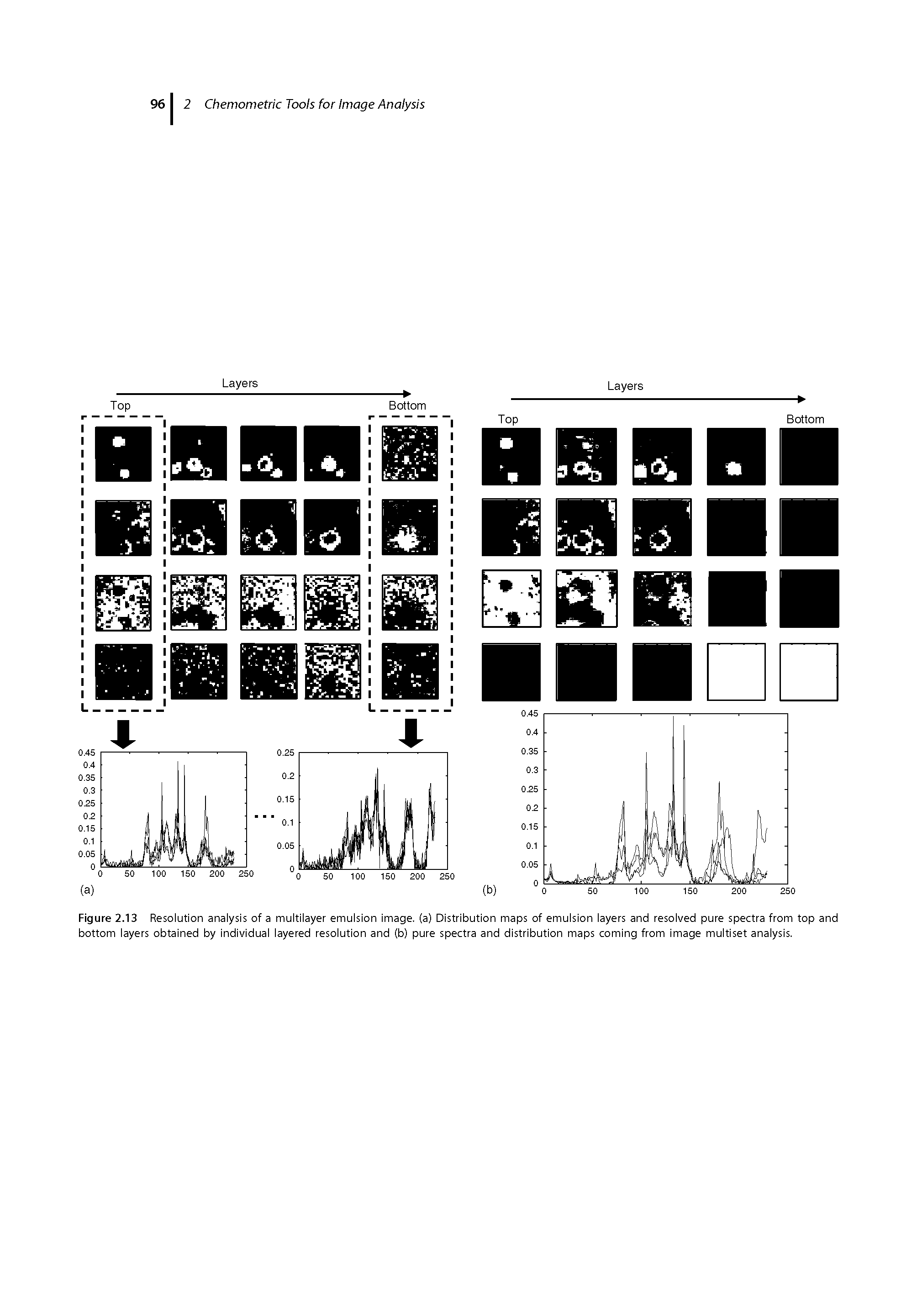 Figure 2.13 Resolution analysis of a multilayer emulsion image, (a) Distribution maps of emulsion layers and resolved pure spectra from top and bottom layers obtained by individual layered resolution and (b) pure spectra and distribution maps coming from image multiset analysis.