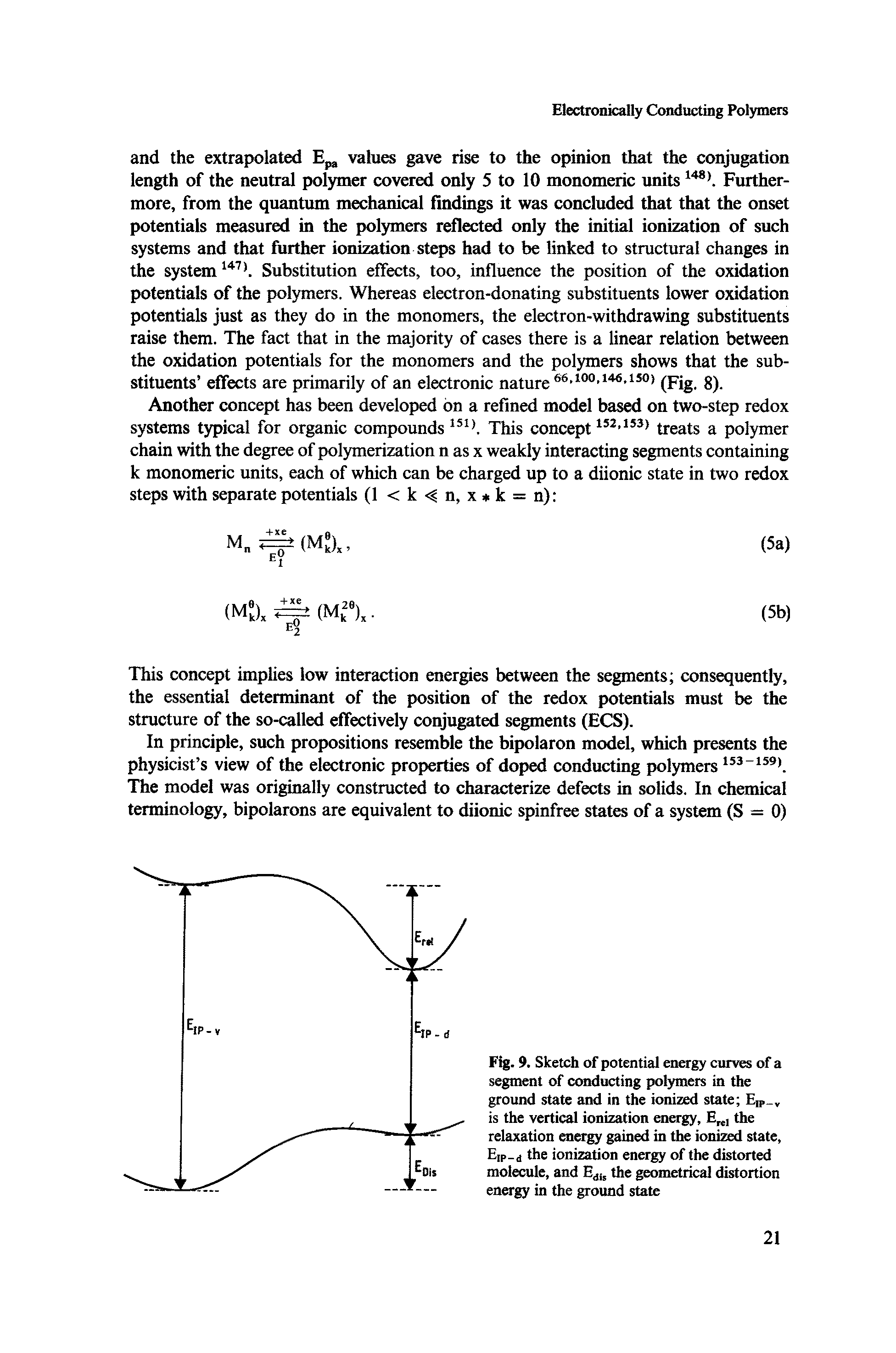 Fig. 9. Sketch of potential energy curves of a segment of conducting polymers in the ground state and in the ionized state Eip, is the vertical ionization energy, E ] the relaxation energy gained in the ionized state, Eip d the ionization energy of the distorted molecule, and Ej, the geometrical distortion energy in the ground state...