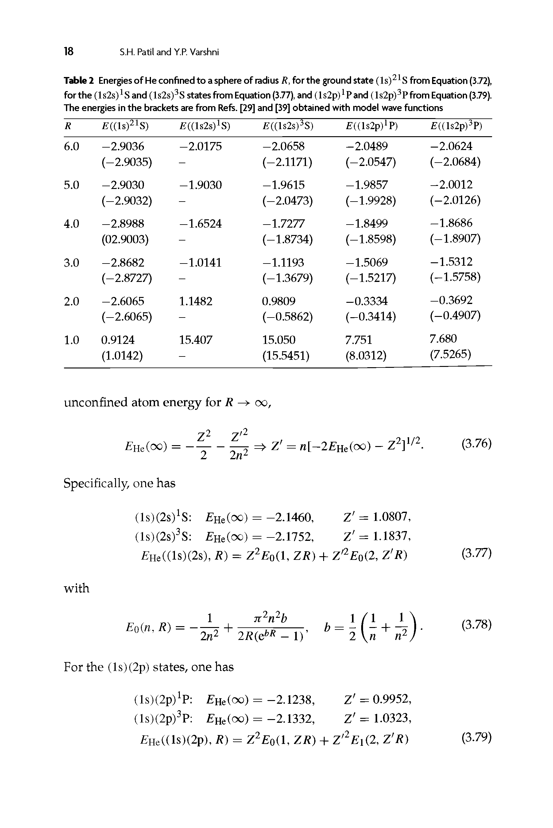 Table 2 Energies of He confined to a sphere of radius R, for the ground state (ls)21S from Equation (3.72), for the PI s2s) S and (1s2s)3S states from Equation (3.77), and (ls2p)1Pand (ls2p)3Pfrom Equation (3.79). The energies in the brackets are from Refs. [29] and [39] obtained with model wave functions...