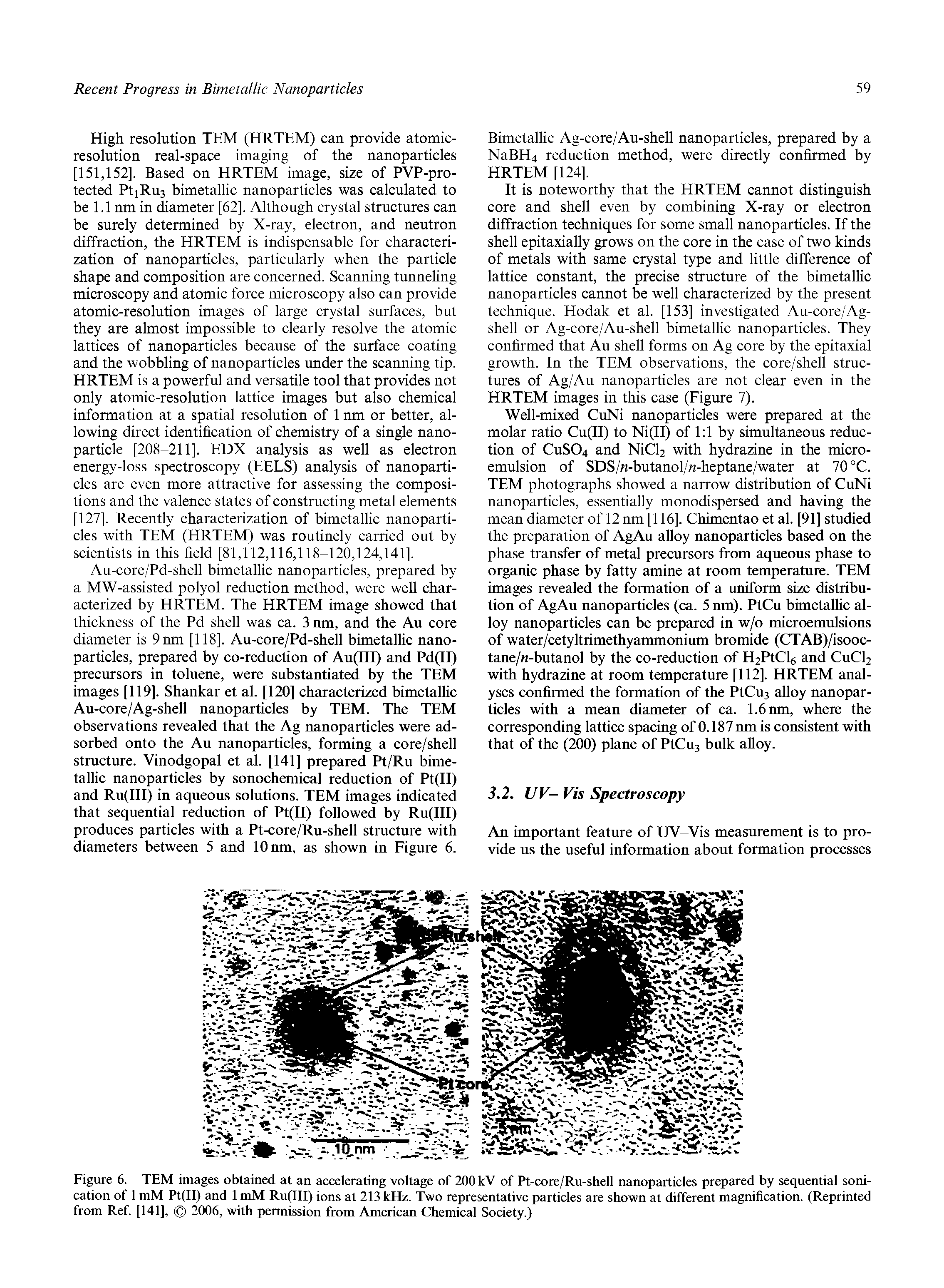 Figure 6. TEM images obtained at an accelerating voltage of 200 kV of Pt-core/Ru-shell nanoparticles prepared by sequential soni-cation of 1 mM Pt(ll) and 1 mM Ru(lll) ions at 213 kHz. Two representative particles are shown at different magnification. (Reprinted from Ref [141], 2006, with permission from American Chemical Society.)...