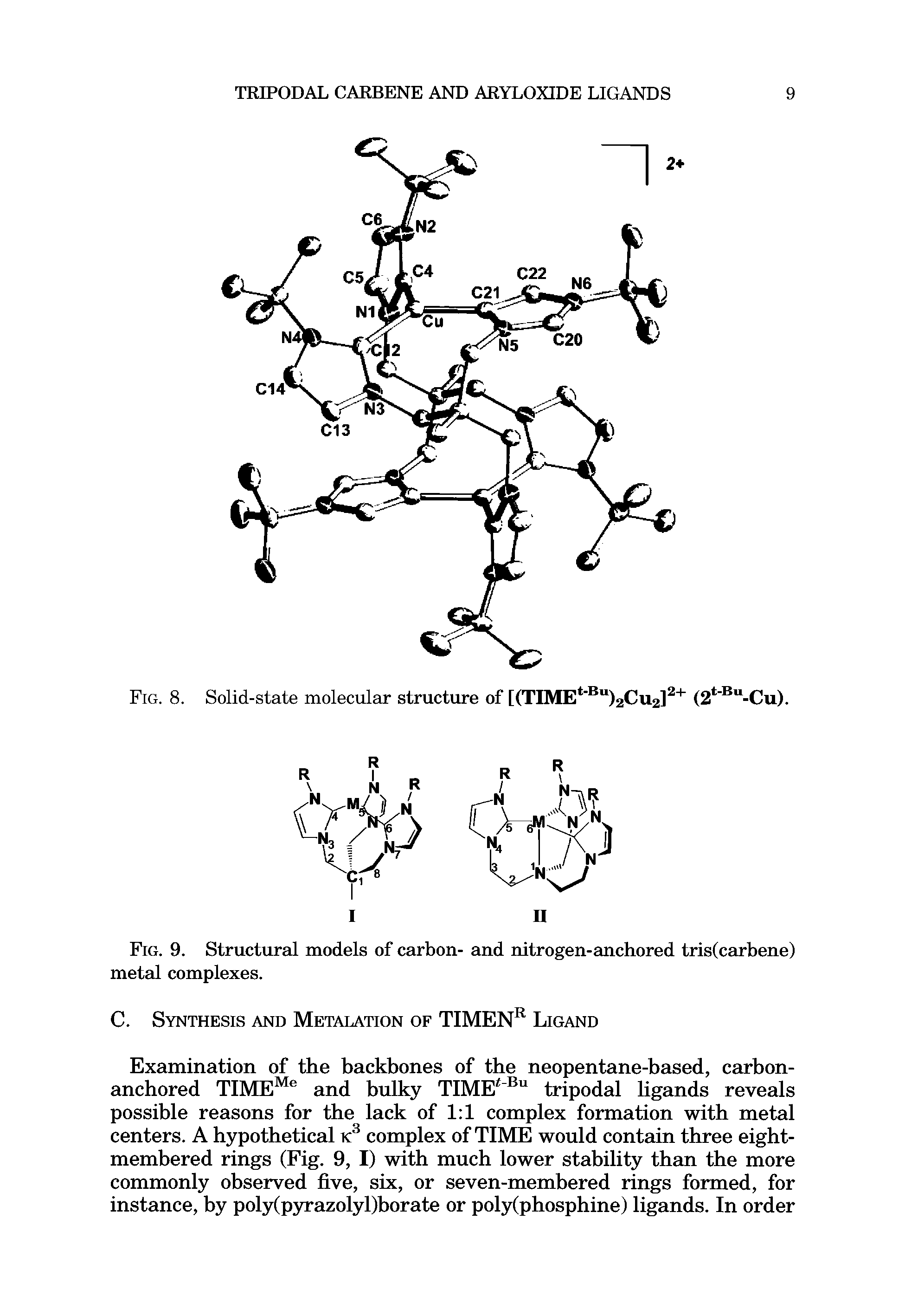 Fig. 9. Structural models of carbon- and nitrogen-anchored tris(carbene) metal complexes.