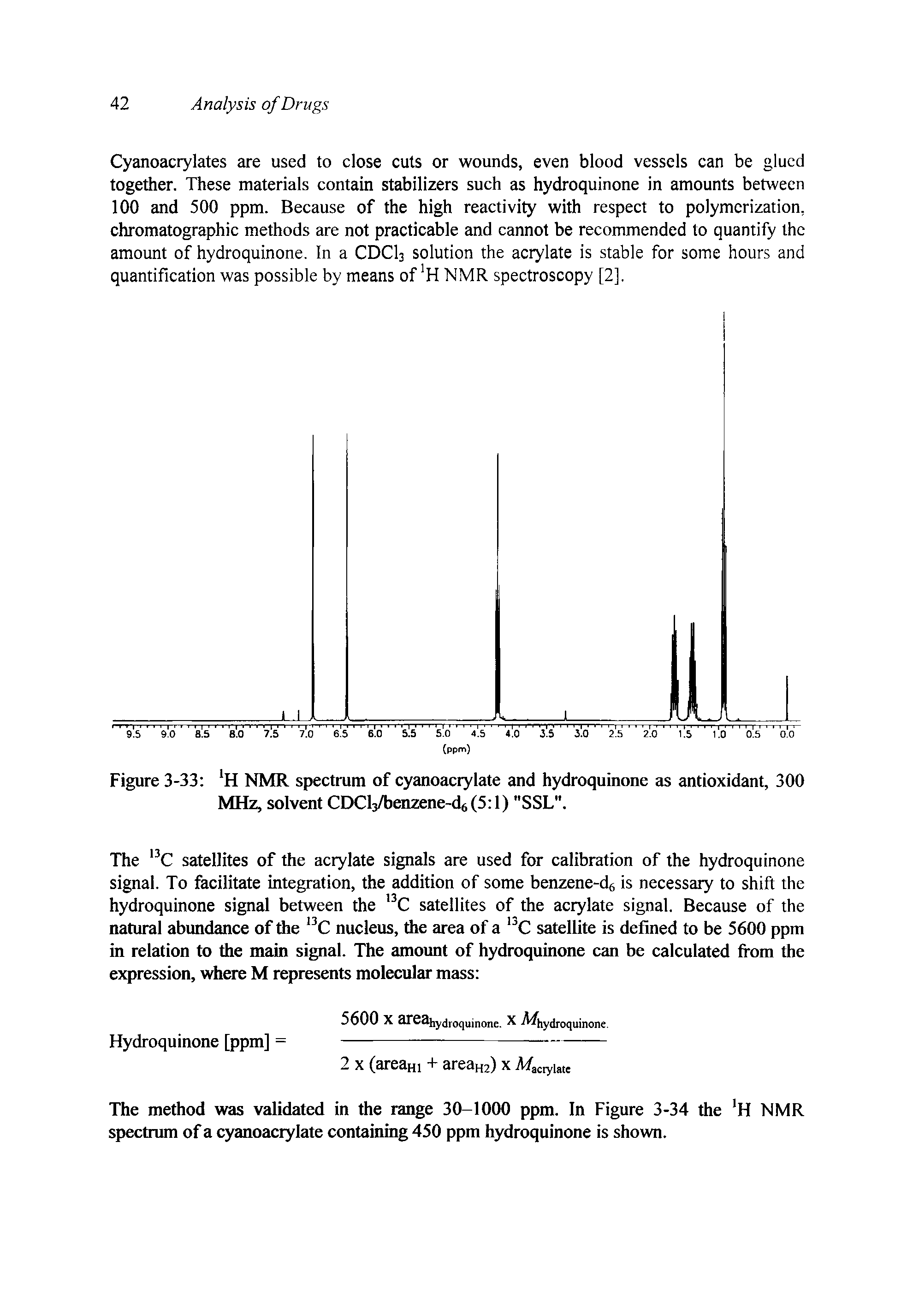 Figure 3-33 H NMR spectrum of cyanoacrylate and hydroquinone as antioxidant, 300 MHz, solvent CDCl3 enzene-d6(5 l) "SSL".