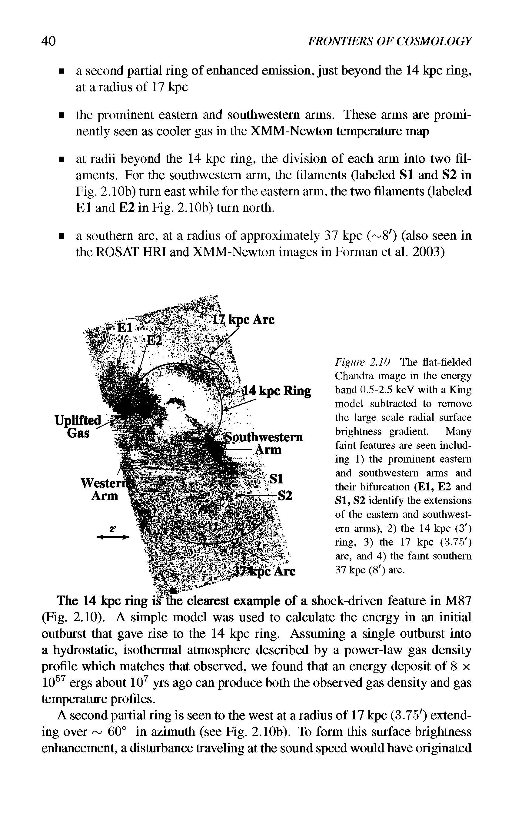 Figure 2.10 The flat-fielded Chandra image in the energy band 0.5-2.5 keV with a King model subtracted to remove the large scale radial surface brightness gradient. Many faint features are seen including 1) the prominent eastern and southwestern arms and their bifurcation (El, E2 and SI, S2 identify the extensions of the eastern and southwestern arms), 2) the 14 kpc (3 ) ring, 3) the 17 kpc (3.75 ) arc, and 4) the faint southern 37 kpc (8 ) arc.