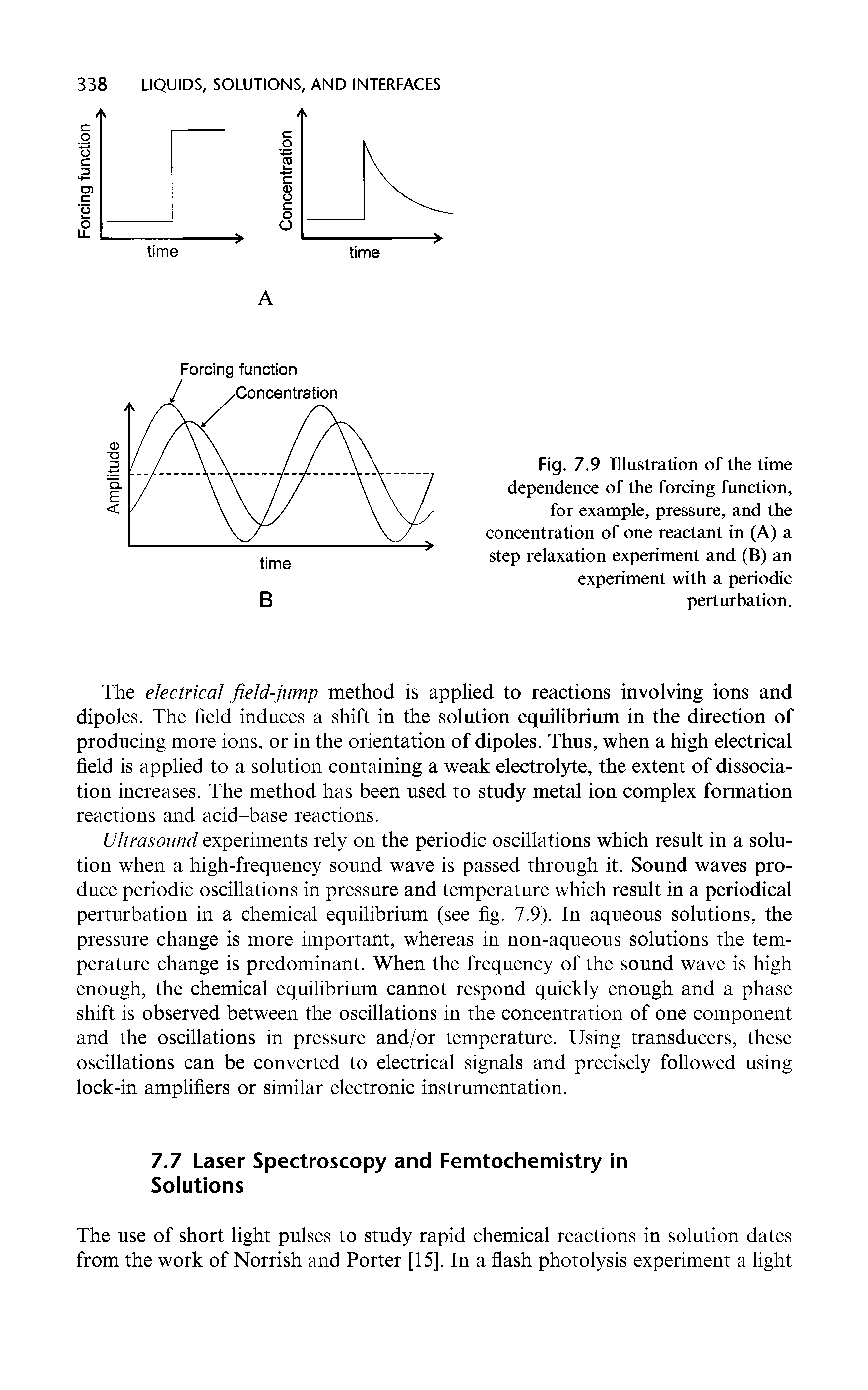Fig. 7.9 Illustration of the time dependence of the forcing function, for example, pressure, and the concentration of one reactant in (A) a step relaxation experiment and (B) an experiment with a periodic perturbation.