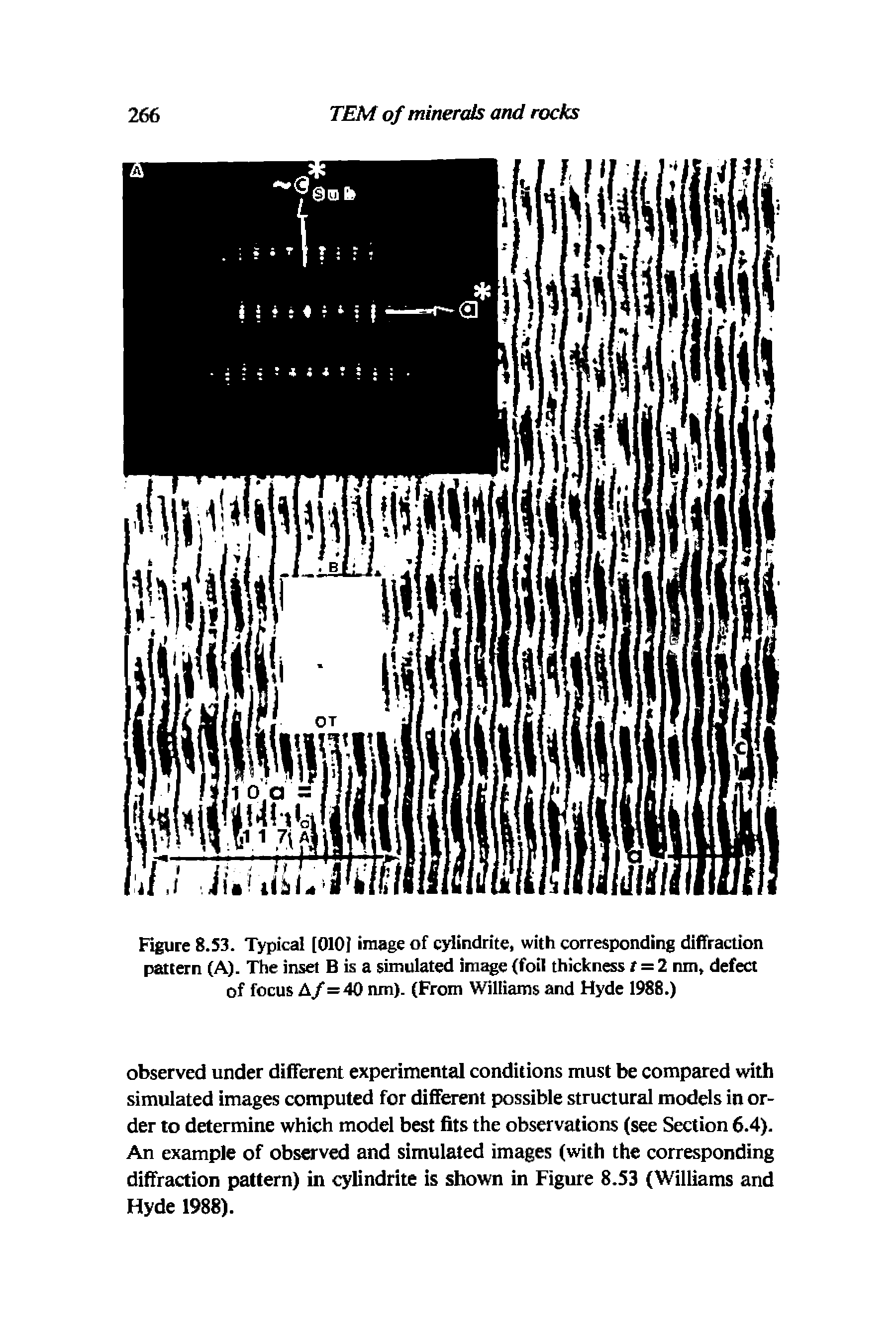 Figure 8.53. Typical [0101 image of cylindrite, with corresponding diffraction pattern (A). The inset B is a simulated image (foil thickness r = 2 nm, defect of focus A/=40 nm). (From Williams and Hyde 1988.)...