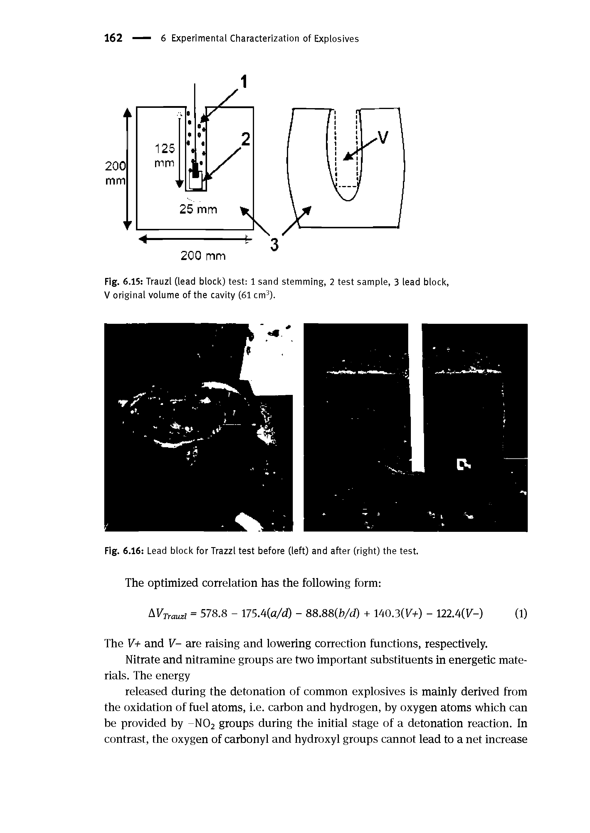 Fig. 6.15 Trauzl (lead block) test 1 sand stemming, 2 test sample, 3 lead block, V original volume of the cavity (61 cm3).