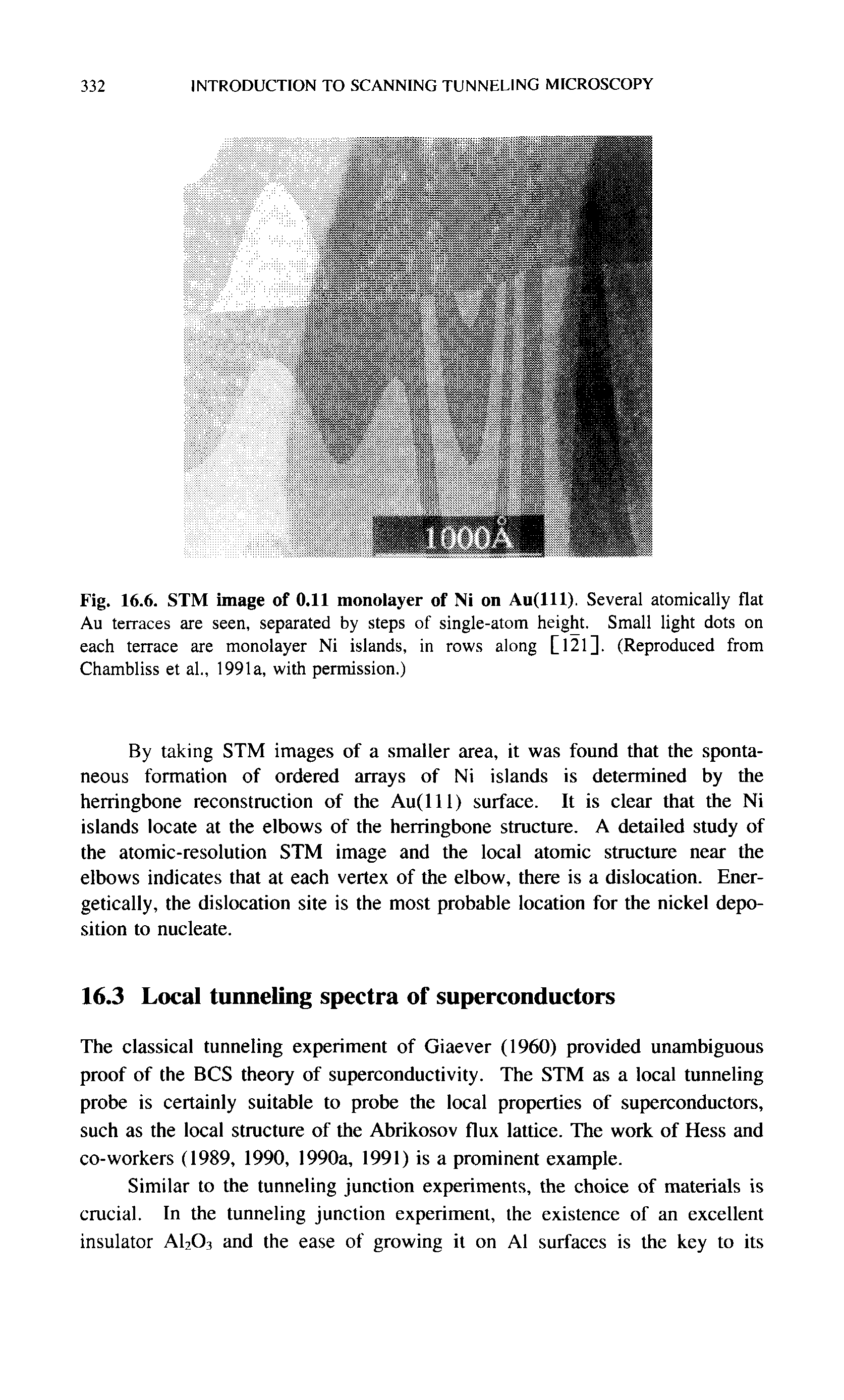 Fig. 16.6. STM image of 0.11 monolayer of Ni on Au(lll). Several atomically flat Au terraces are seen, separated by steps of single-atom height. Small light dots on each terrace are monolayer Ni islands, in rows along [l2l]. (Reproduced from Chambliss et al., 1991a, with permission.)...