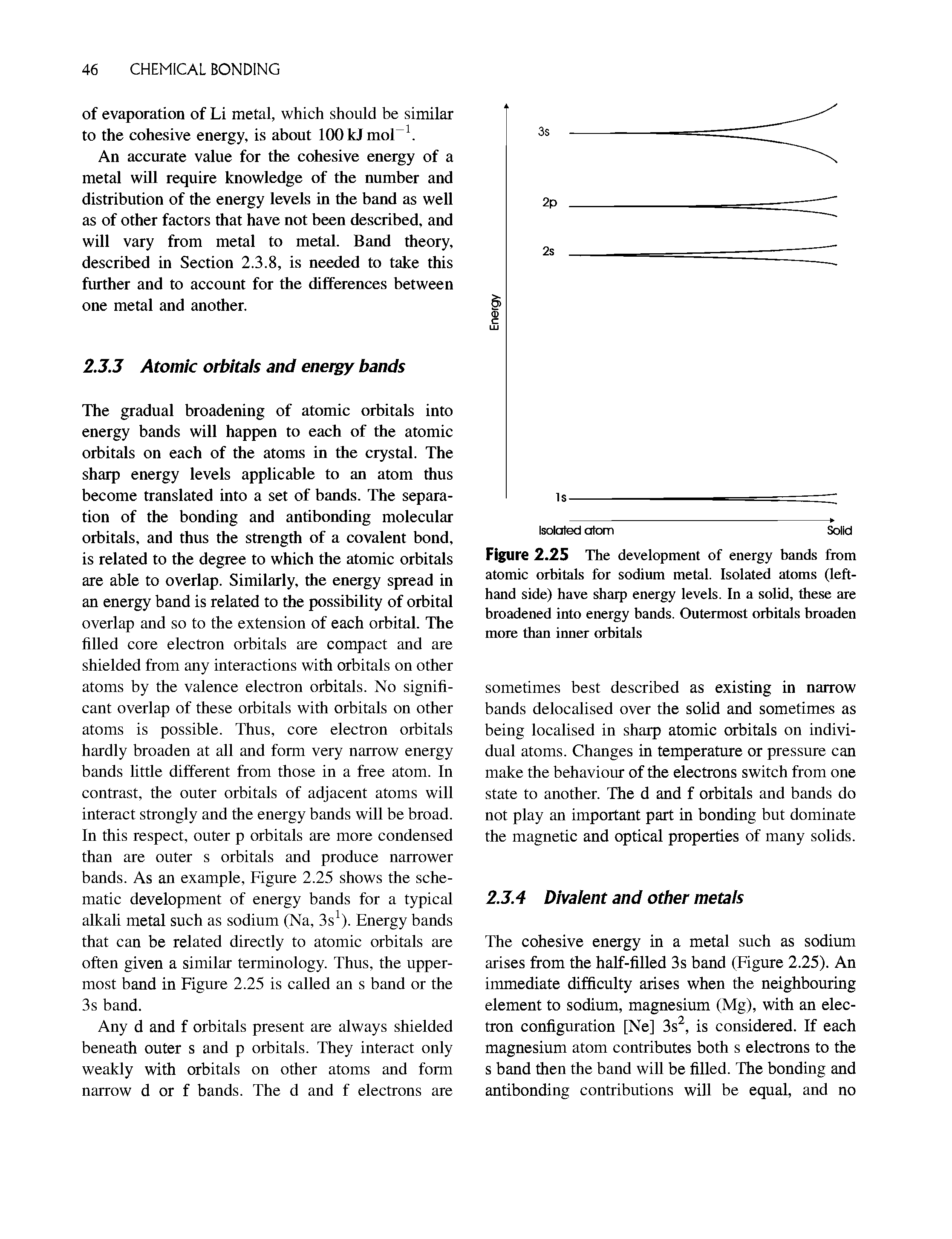 Figure 2.25 The development of energy bands from atomic orbitals for sodium metal. Isolated atoms (left-hand side) have sharp energy levels. In a solid, these are broadened into energy bands. Outermost orbitals broaden more than inner orbitals...