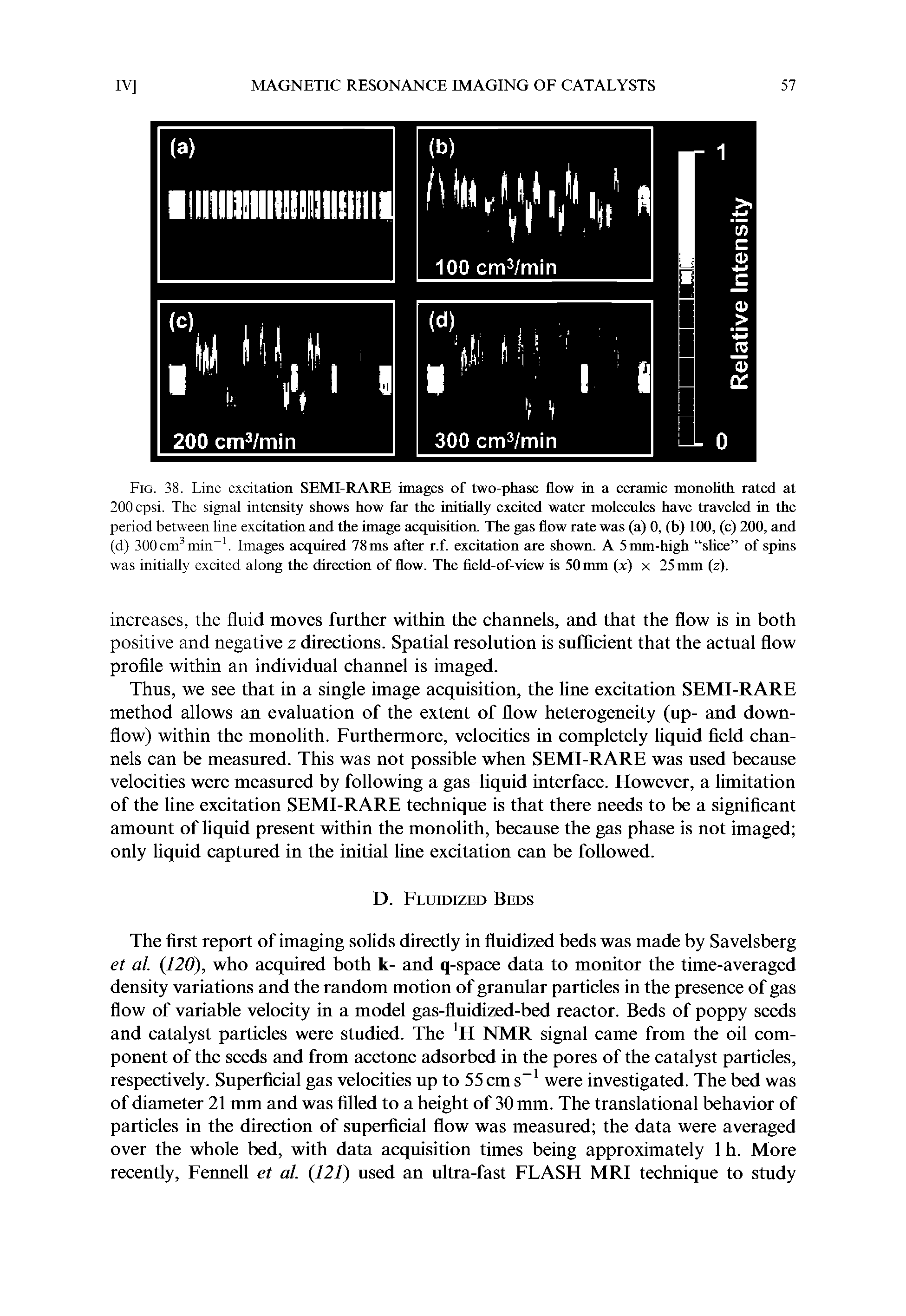 Fig. 38. Line excitation SEMI-RARE images of two-phase flow in a ceramic monolith rated at 200 cpsi. The signal intensity shows how far the initially excited water molecules have traveled in the period between line excitation and the image acquisition. The gas flow rate was (a) 0, (b) 100, (c) 200, and (d) iOOcin inin. Images acquired 78ms after r.f. excitation are shown. A 5mm-high slice of spins was initially excited along the direction of flow. The fleld-of-view is 50 mm (x) x 25 mm (z).