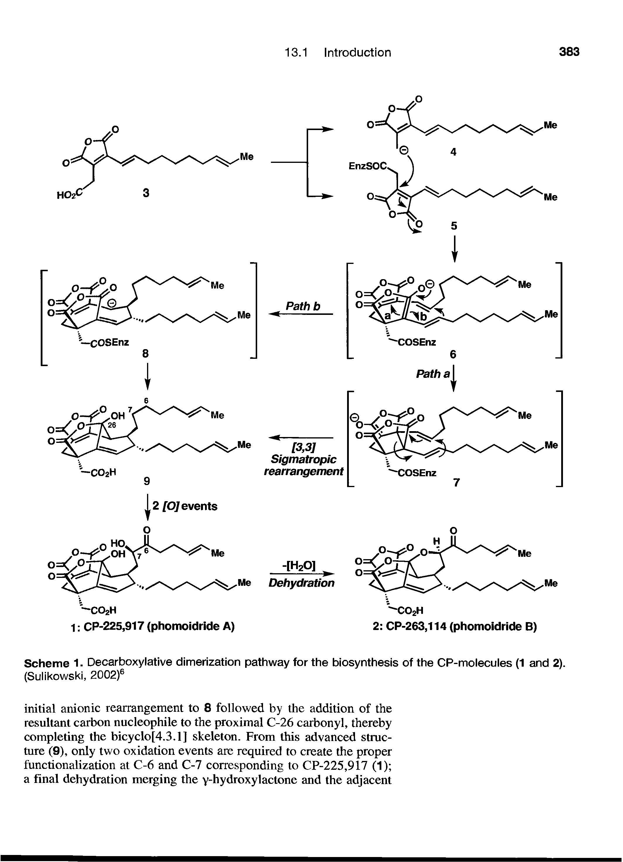 Scheme 1 Decarboxylative dimerization pathway for the biosynthesis of the CP-moiecuies (1 and 2).