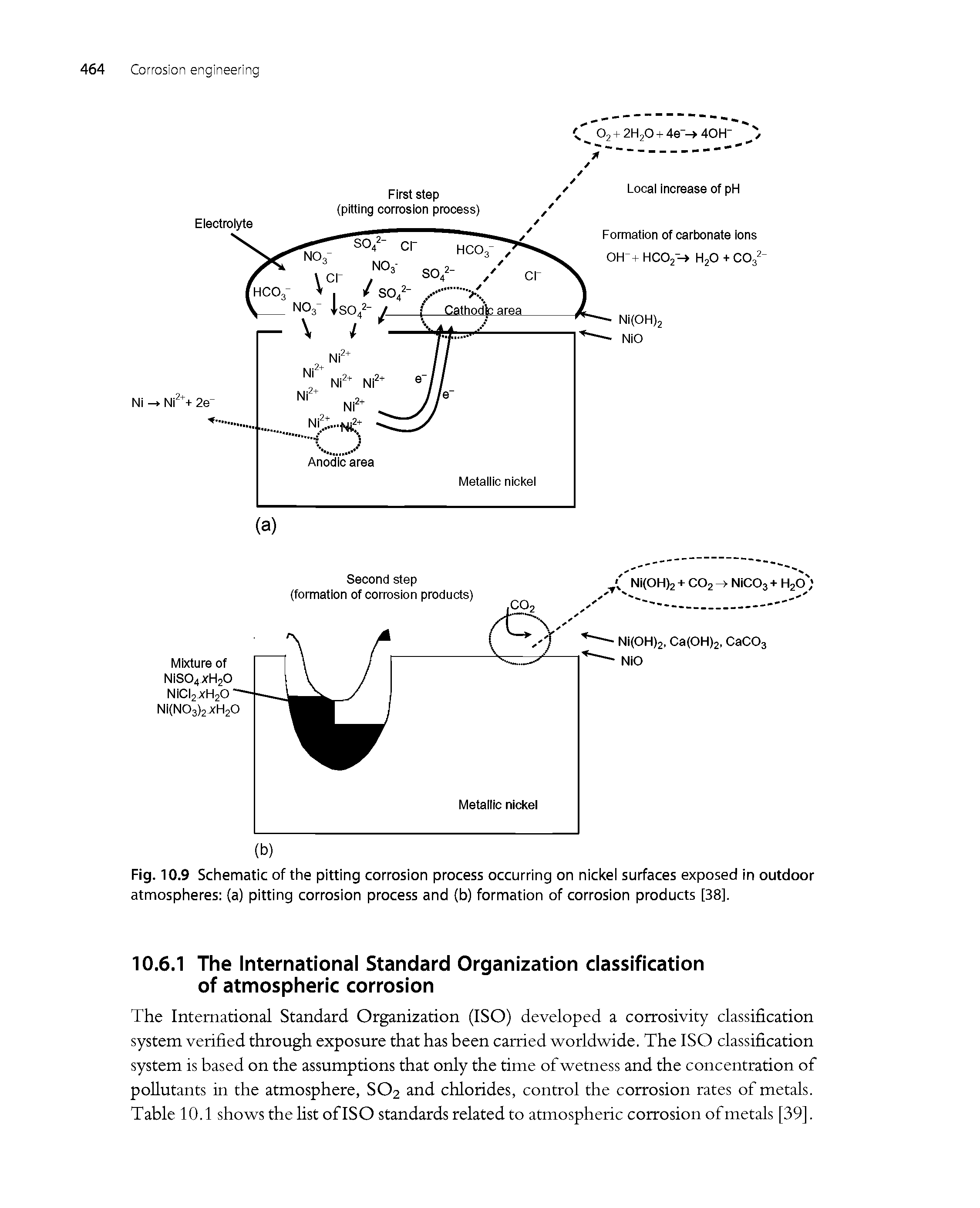 Fig. 10.9 Schematic of the pitting corrosion process occurring on nickel surfaces exposed in outdoor atmospheres (a) pitting corrosion process and (b) formation of corrosion products [38].